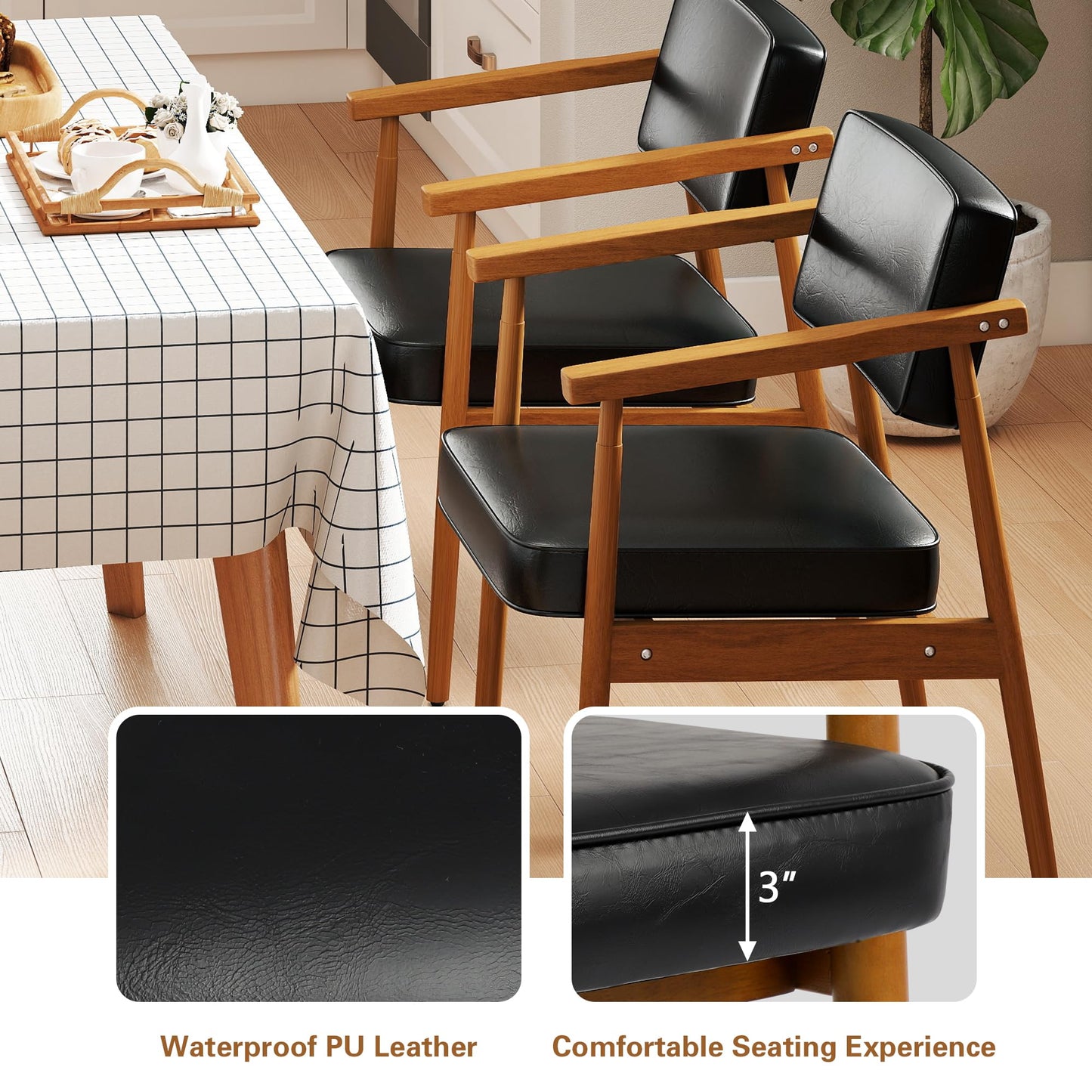 LSSPAID Mid Century Dining Chairs with Wooden Handrail, Black Fabric Upholstered Faux Leather Armchair Comfy Backrest Modern Kitchen Chairs for Bedroom Living Room Dining Room, Set of 1