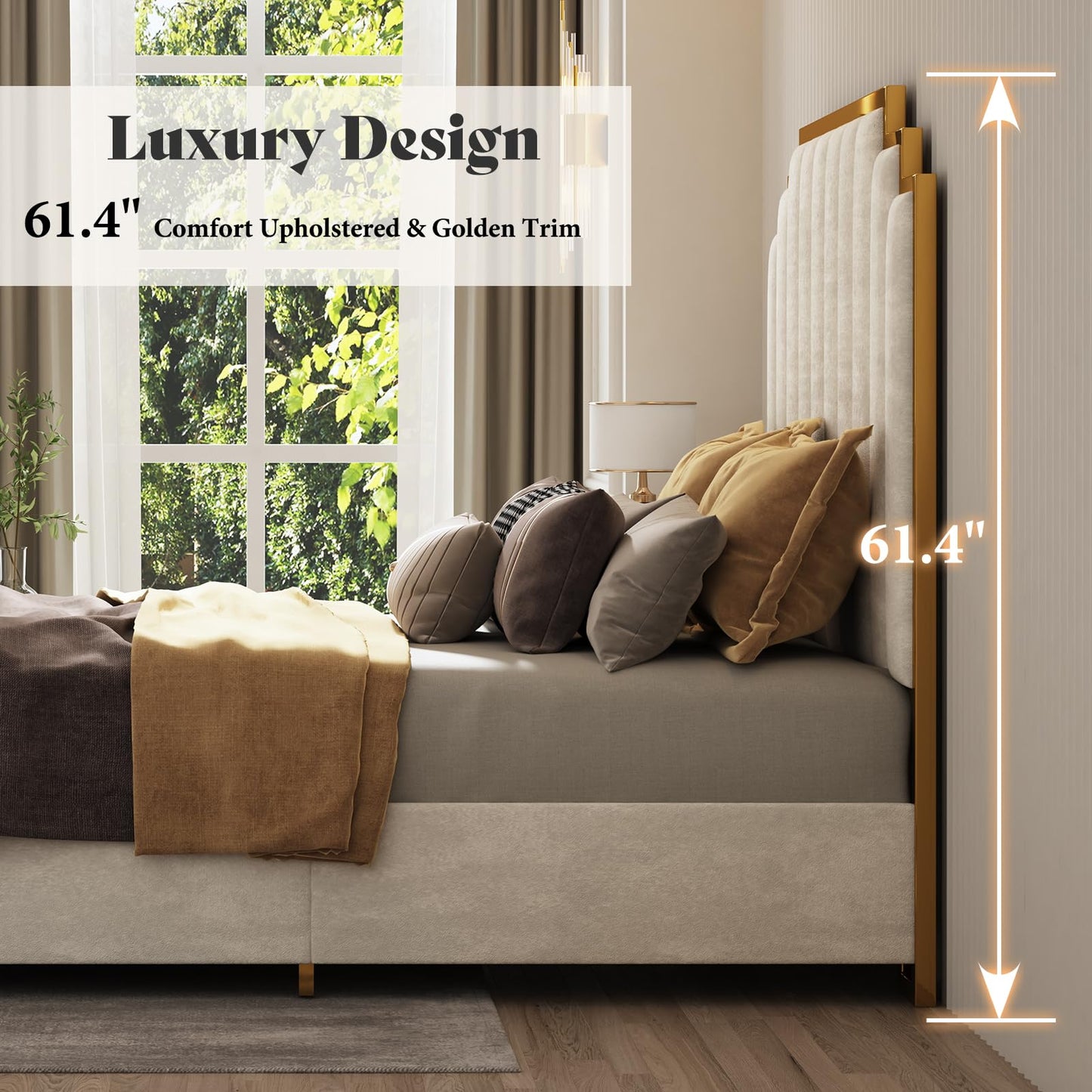 AMERLIFE Queen Size Upholstered Bed, Modern Velvet Bed Frame with 61.4” Tall Gold Trim Headboard, No Box Spring Needed, Cream