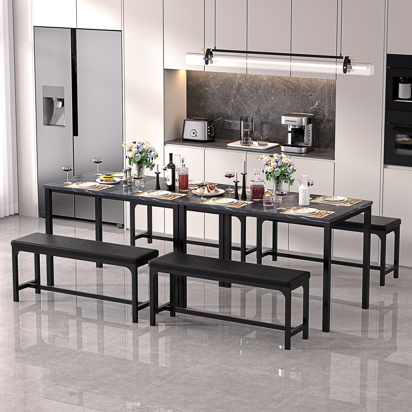 VECELO 3-Piece 63" Extendable Kitchen Table with Benches/Chairs, Modern Breakfast Dinette/Dining Room Set for 4/6/2, Small Space Saving Design, Easy Assembly