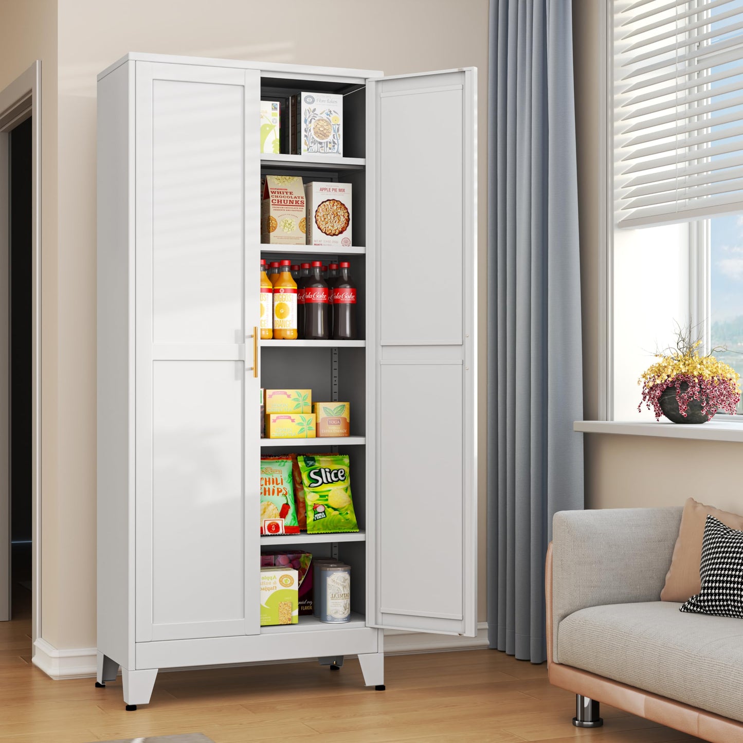erosoei 75.2”H Metal Kitchen Pantry Storage Cabinet, Storage Cabinets with Adjustable Feet and Shelves,Food Pantries Cupboard for Kitchen, Living Room, Laundry Room and Dinning Room（White）