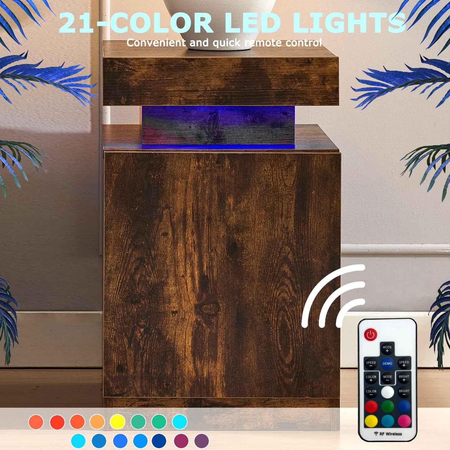 Brown Nightstands Set of 2, Modern End Table with LED Lights, Bedside Table with Large Storage, 2 Night Stands for Bedrooms