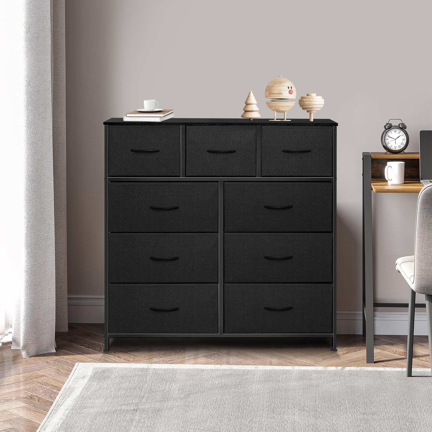 Sonharlar Dresser for Bedroom with 9 Drawers, Chest of Drawers, Storage Drawers Organizer Unit, Black Wide Fabric Dresser with Fabric Bins for Closet, Living Room, Entryway (Charcoal Black)
