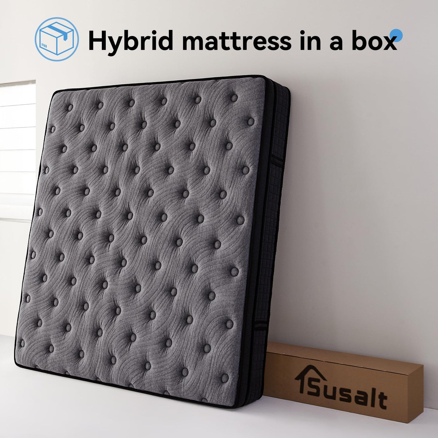 Susalt Queen Mattress, 12 Inch Hybrid Mattress in a Box, Gel Memory Foam, Medium Firm, Edge Support, Motion Isolation, Pressure Relief, Zoned Support Spring, CertiPUR-US Certified, Black & Gray