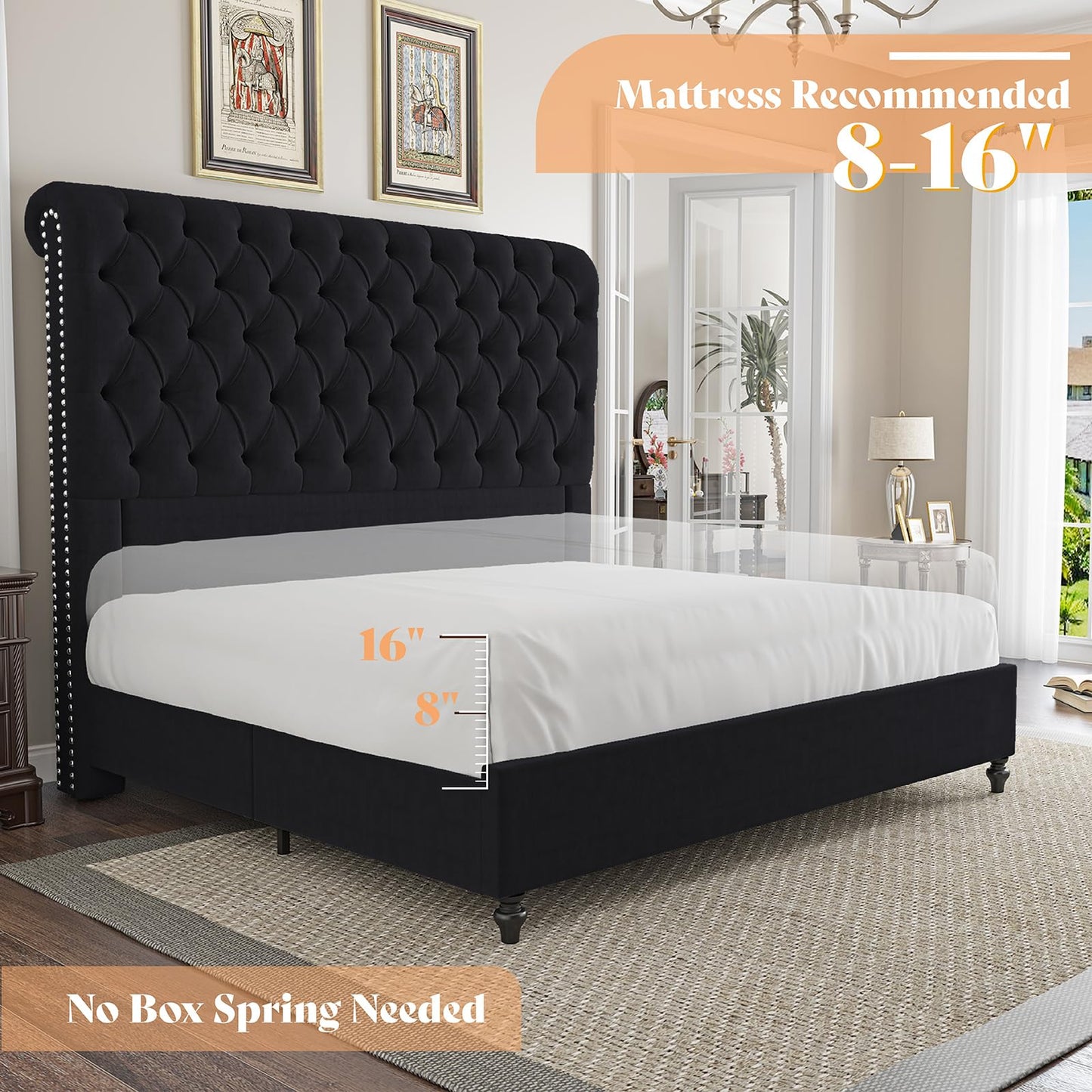 AMERLIFE Queen Size Bed Frame with 60" Tall Wingback Headboard, Velvet Upholstered Platform, Button Tufted Sleigh Design, No Box Spring Needed,Black