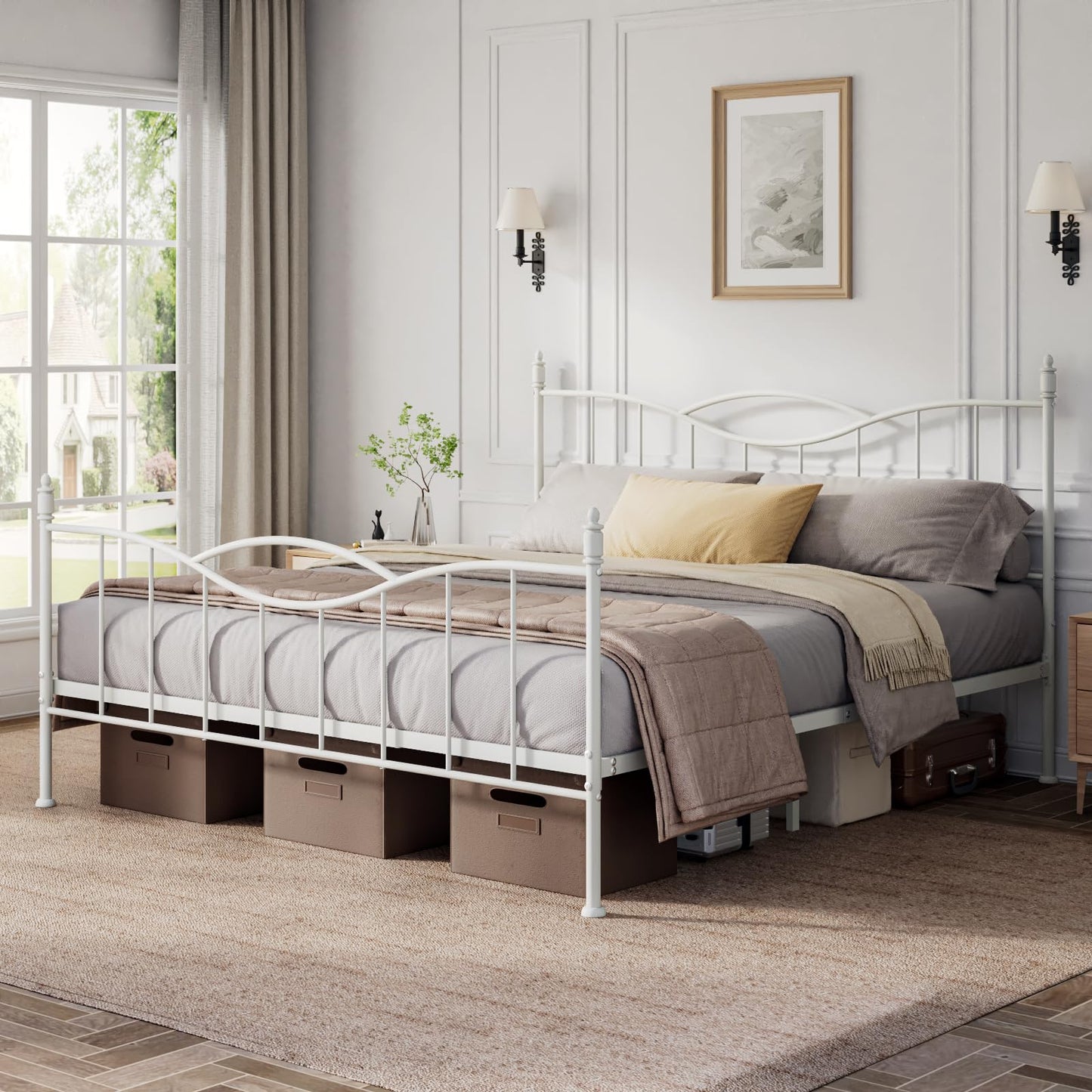 Florise King Size Bed Frame with Headboard,Metal Platform Bed Frame Mattress Foundation with Footboard, Under Bed Storage, Strong Metal Slats Support, No Box Spring Needed, White