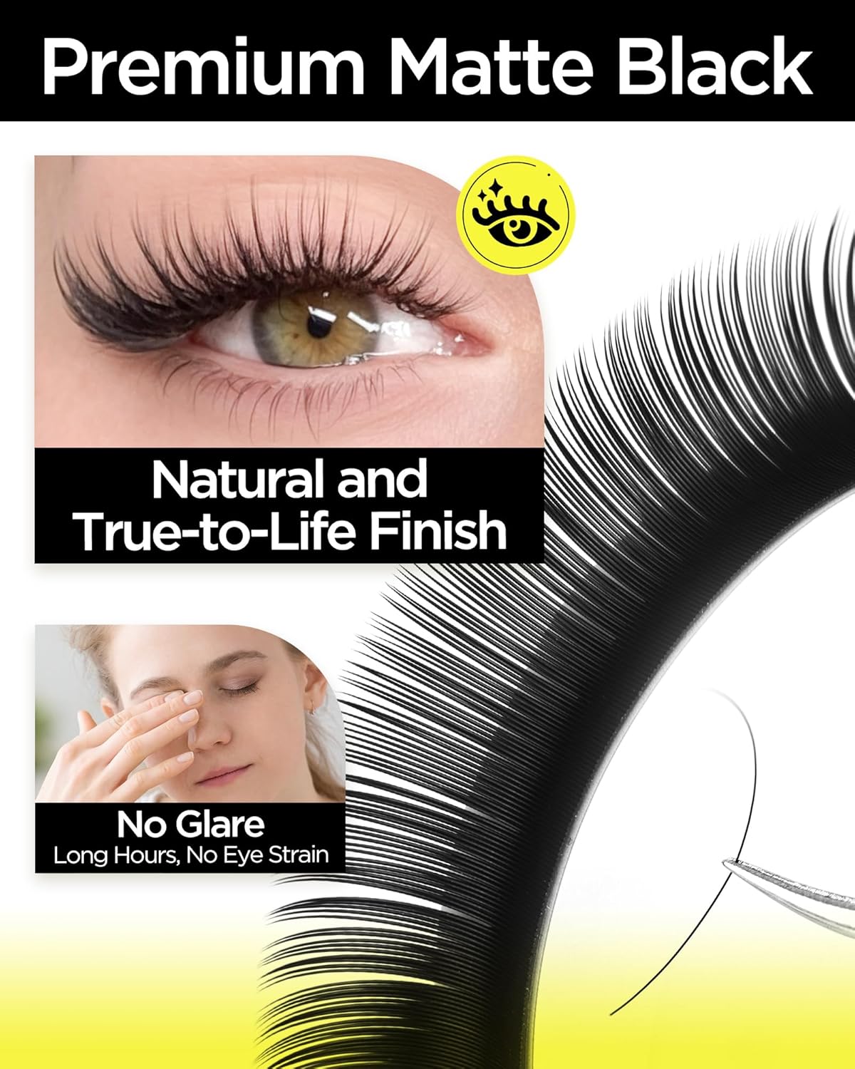 BEYELIAN Eyelash Extension 0.05 D+ Curl 15mm Tray Easy Fan Lash Extensions Volume Lashes 100°/212°F High Temperature Resistant Classic Professional Use Natural Matte Black (0.05 D+ 15mm)