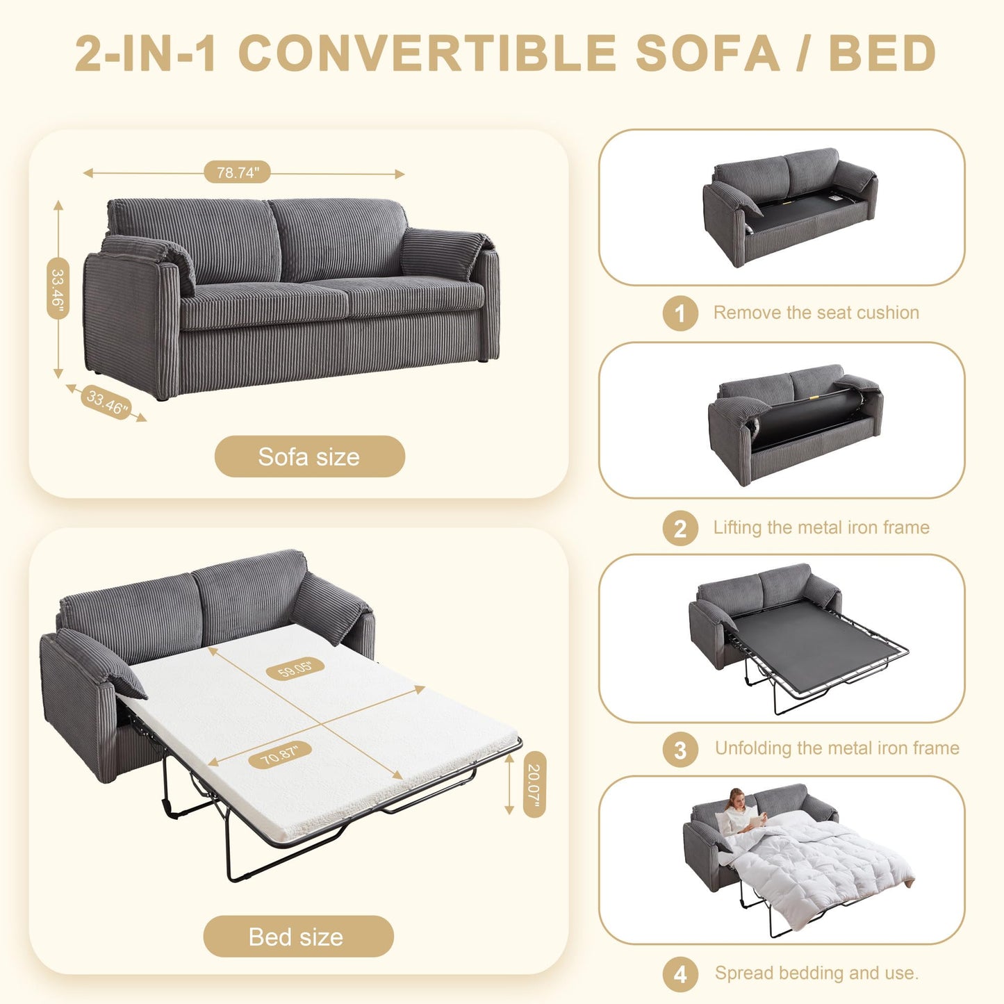 Chorlenimi Convertible Futon Sofa Bed Queen Size Sleeper Sofa with Mattress Included Pull Out Couch Bed Corduroy Couch Beds for Bedrooms Couches for Living Room (Gray, 80")