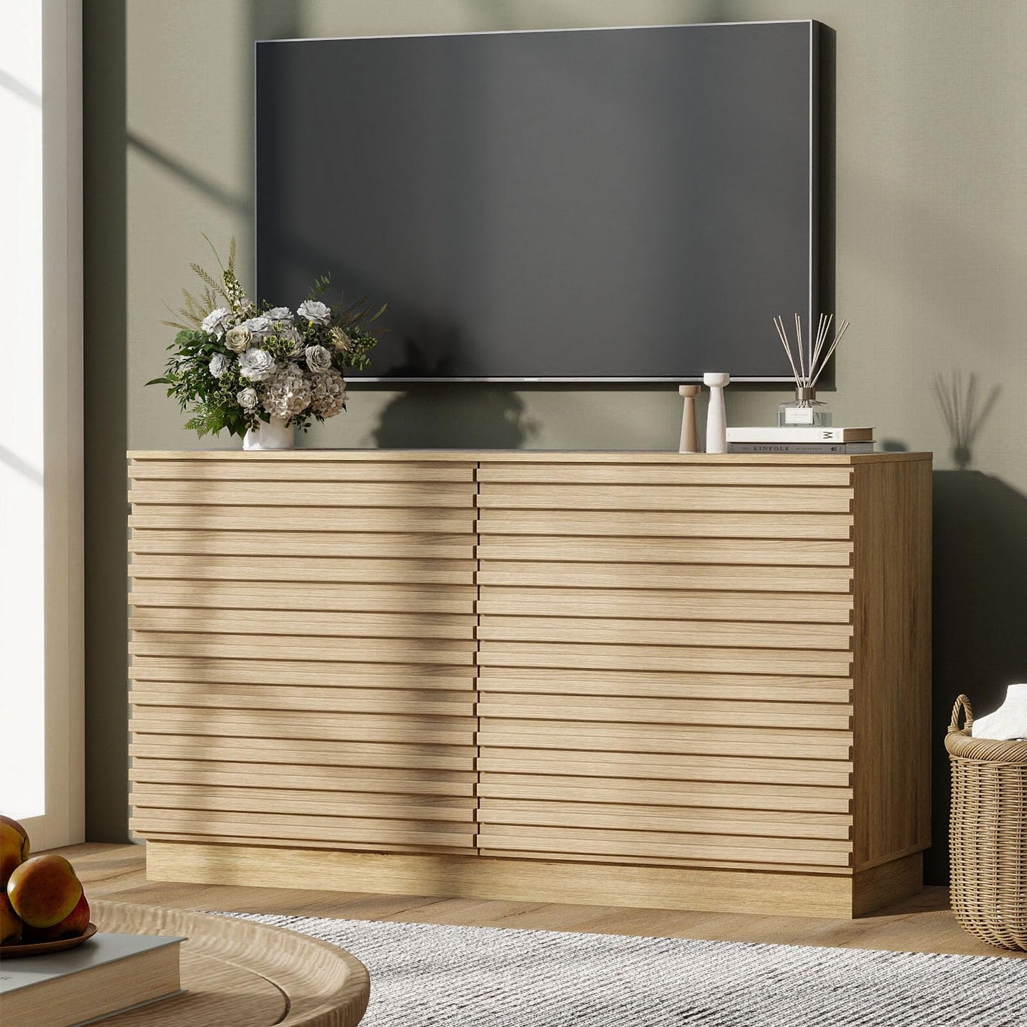 BREEZEHEAT Fluted Dresser for Bedroom–6 Drawer Wide Chest of Drawers, Modern Wood Farmhouse Dresser TV Stand, Closet Storage Cabinet for Living Room, Hallway, Natural Oak Finish, 47” Wide