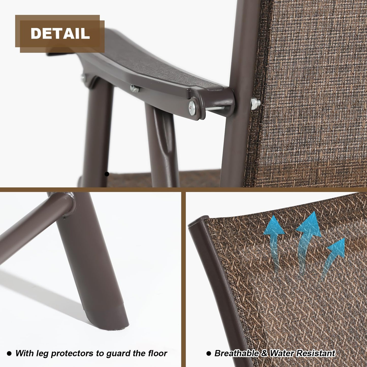 Aoodor Folding Patio Dining Chairs Textilene Fabric, Outdoor Steel Frame for All Weather Use, Fit for Porch, Lawn, Yard, Set of 4, Brown