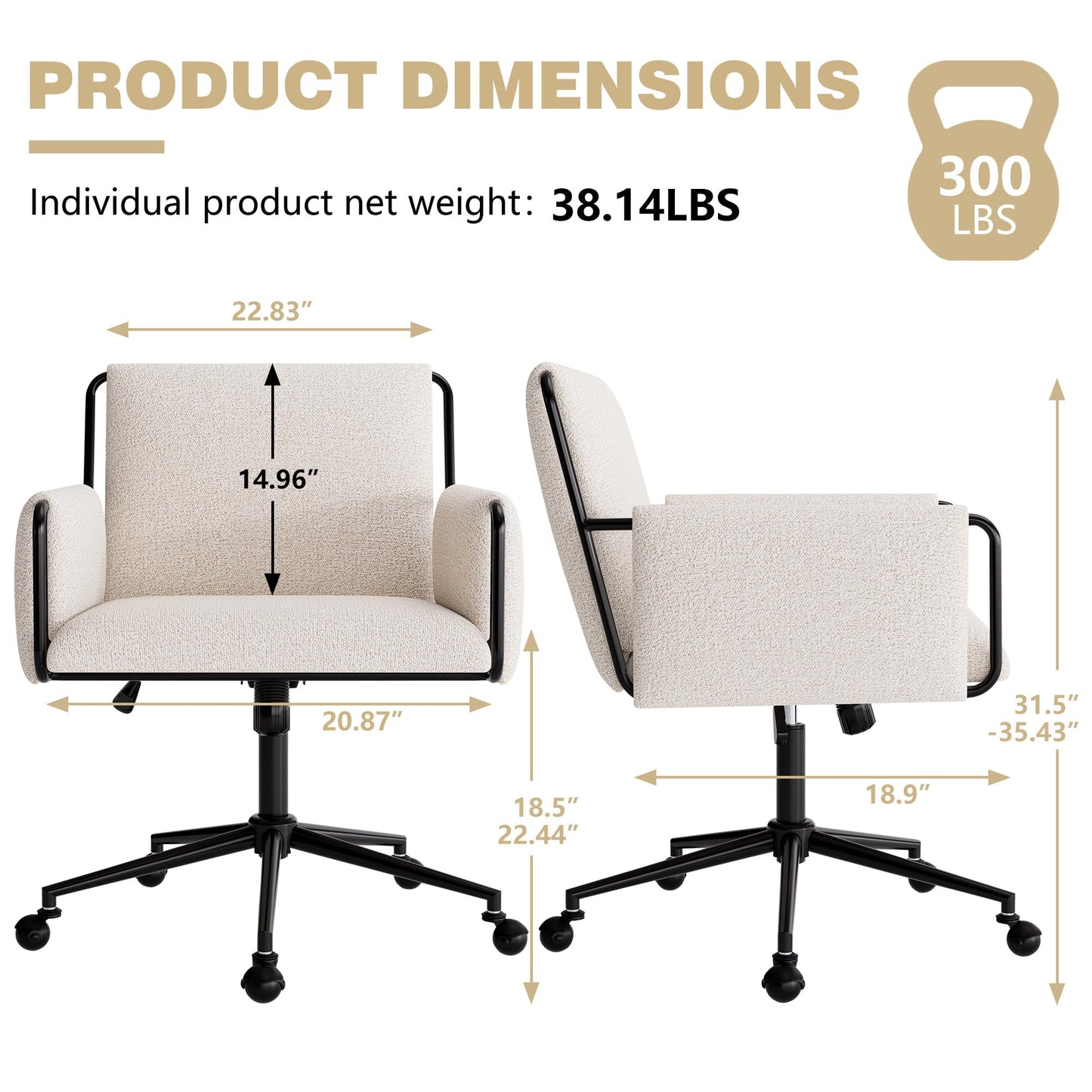YOUTASTE Wide Office Chair with Wheels, Comfy Modern Rolling Swivel Desk Chair with Beige Bouclé Fabric, Backrest, Armrests, 300 lbs Capacity, Ideal for Makeup Vanity, Computer, Study & Bedroom
