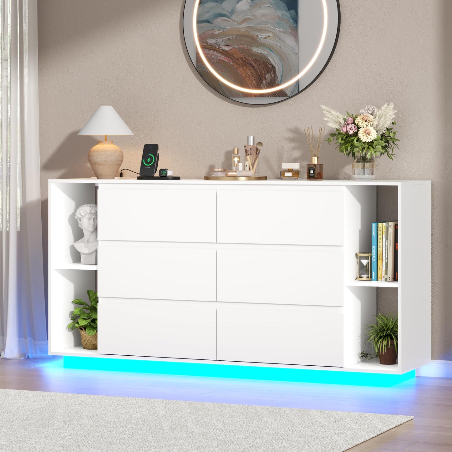 Gyfimioe 6 Drawer Dresser with Power Outlet, Floating White Dresser Chest of Drawer with LED Light,Modern Double Wide Drawer Organizer Cabinet for Bedroom,Living Room (6 Drawer-White)
