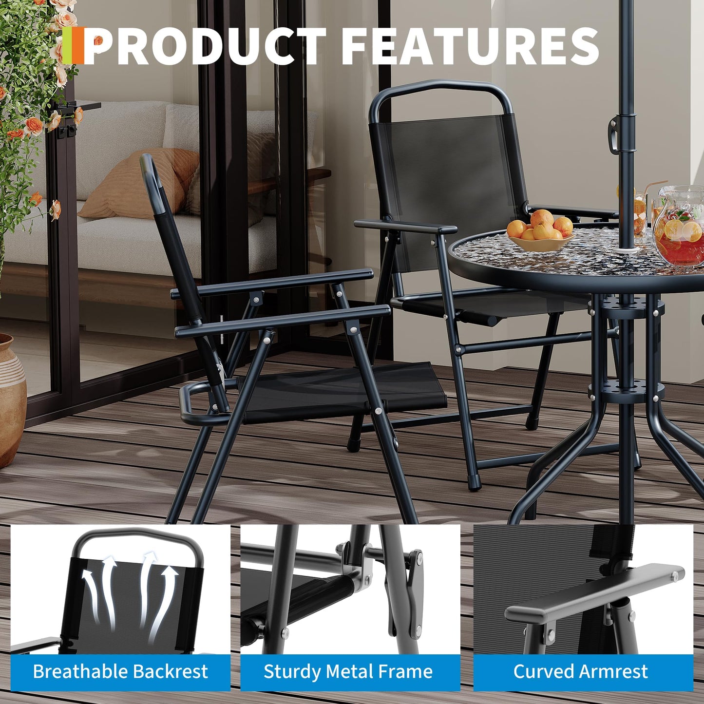 Patio Dining Set for 4 With Umbrella, Outdoor Furniture Set With 4 Folding Dining Chairs, Outdoor Table Umbrella Set With Tempered Glass Top Dinings Table