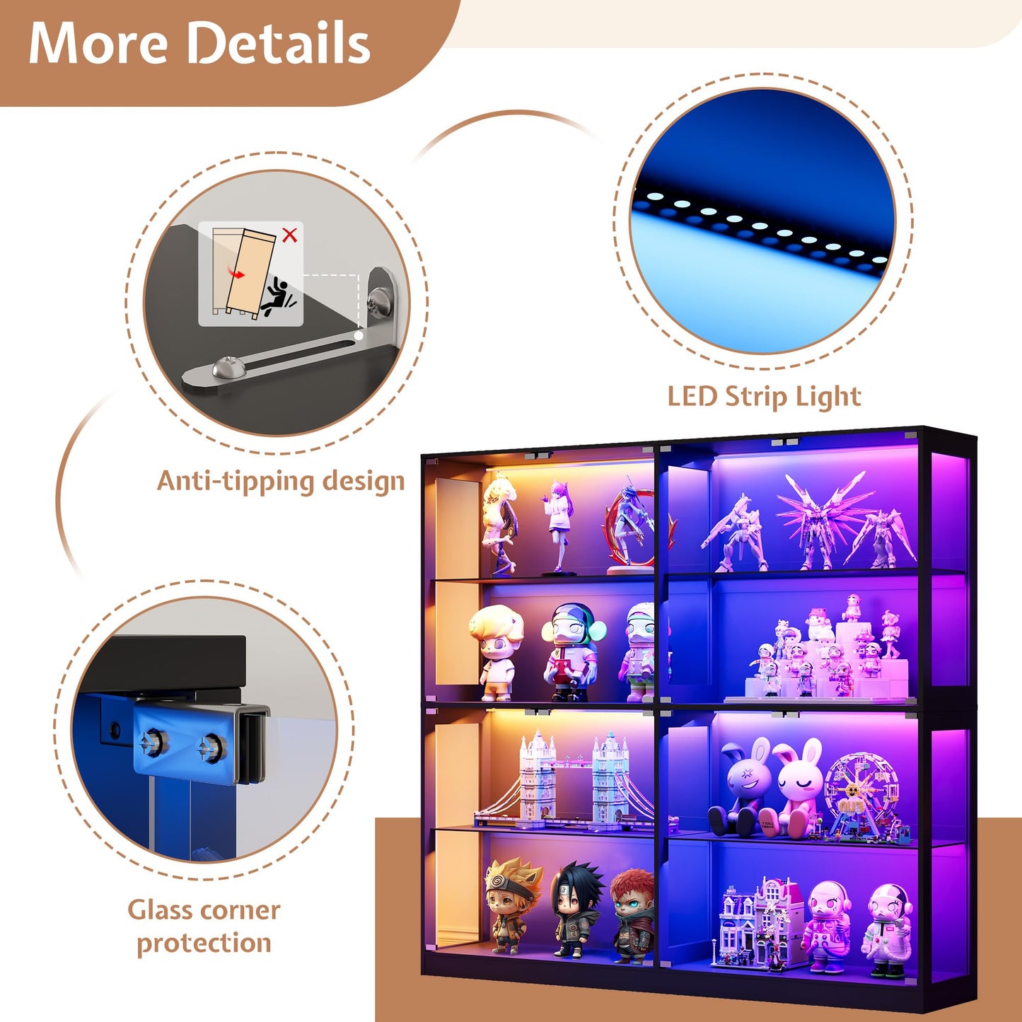 Jocisland 18x14 Inch Display Cabinet with RGB Lights, 4-Tier Storage Display Case for Collectibles, Adjustable Shelves, MDF and Tempered Glass, Black