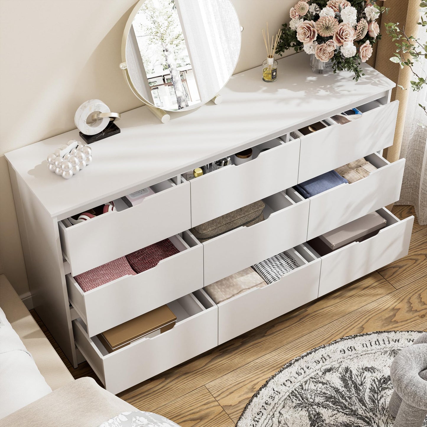 Tradre 59'' White Dresser for Bedroom, 9 Drawer Wood Dresser with Handle Free, Large Modern Chest of Drawers Dresser for Home Office, Living Room, Entryway