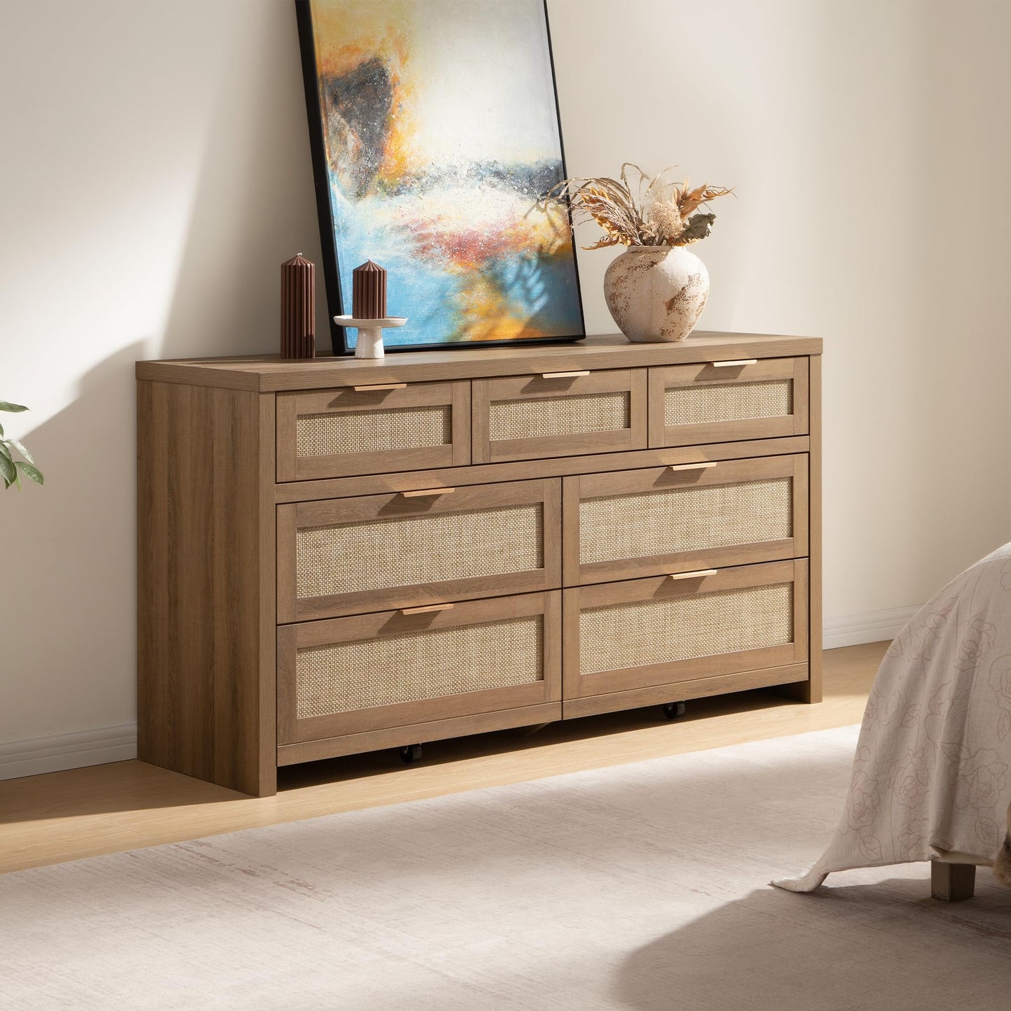 SICOTAS 7 Drawer Dresser for Bedroom, 57" Wide Rattan Dressers for Nursery, Living Room TV Stand, Boho Closet Organizer Chests of Drawer (Reclaimed Caramel Oak, 7 Drawers (1 pc))