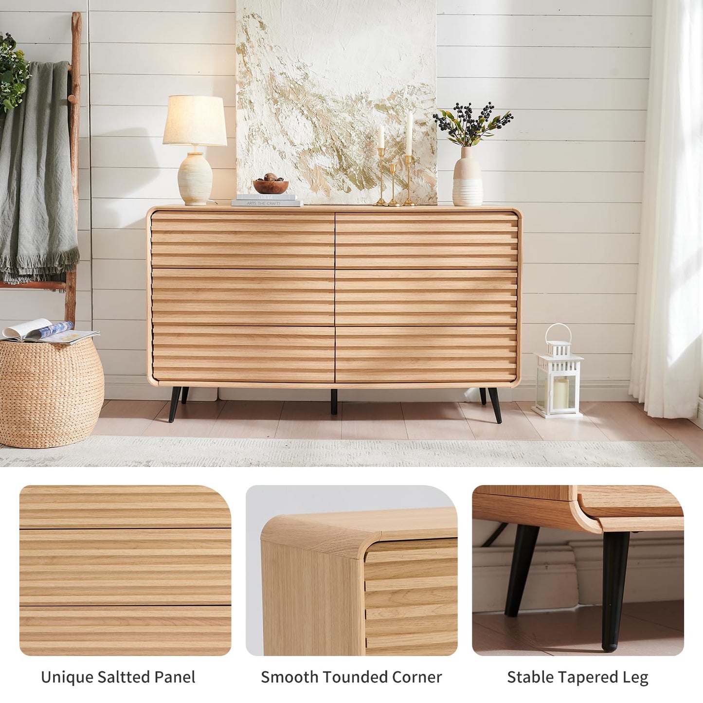 systemktesm Fluted 6 Drawers Dresser for Bedroom, 54" Wide Modern Chest of Drawers with Metal Handle, Farmhouse Dresser TV Stand, Wood Drawer Organizer for Bedroom, Living Room, Hallway (Natural Oak)