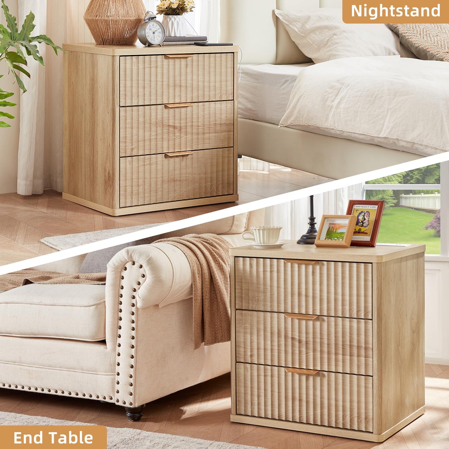 LEYAOYAO 23" Wide Fluted Farmhouse Night Stand Set of 2 with Charging Station, 3 Drawers Large End Table w/Metal Handle, Natural Nightstand Bedside Table,Wood Dresser for Bedroom, Closet