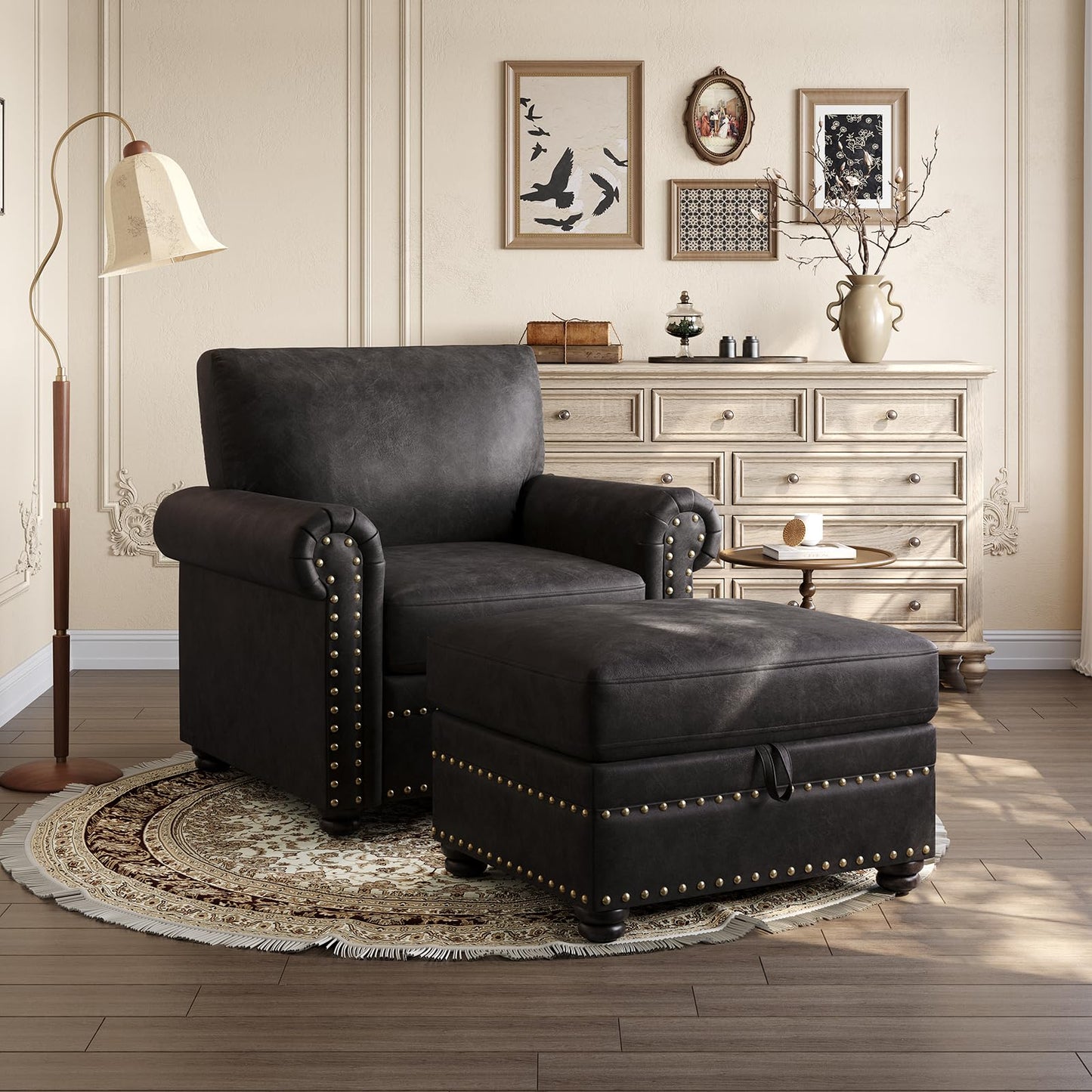 ONBRILL Faux Leather Ottoman with Storage, Rectangle Ottoman Coffee Table with Nailhead Trim, Solid Wood Legs, Oversized Upholstered Footrest Stool for Living Room, Bedroom, Apartment, Black