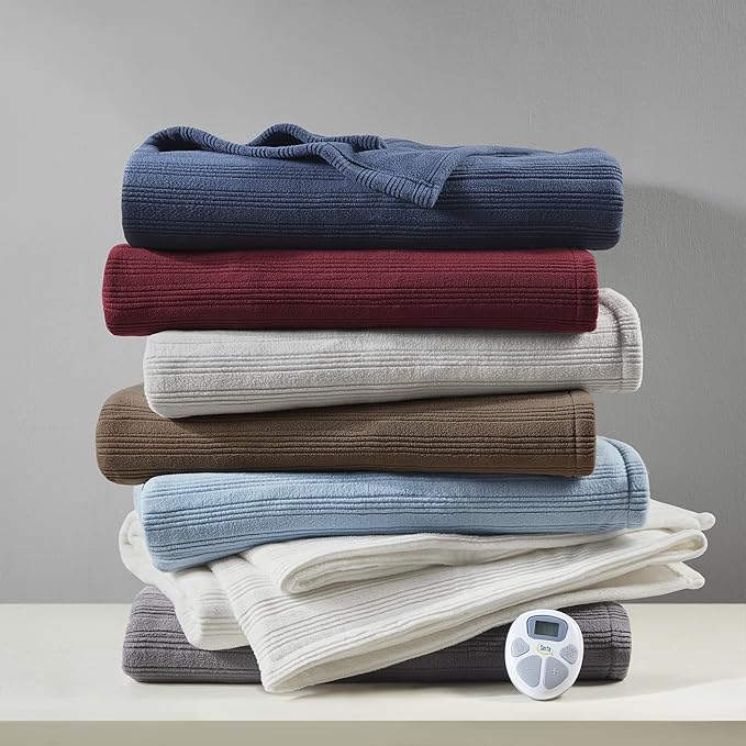 Serta Travis Fleece Ultra Soft Tri-Rib Textured Electric Blanket, Cozy and Snuggly Cover Fast Heating for Cold Weather, Auto Shut Off, Multi Heat Setting Controller, Twin, Berry Red