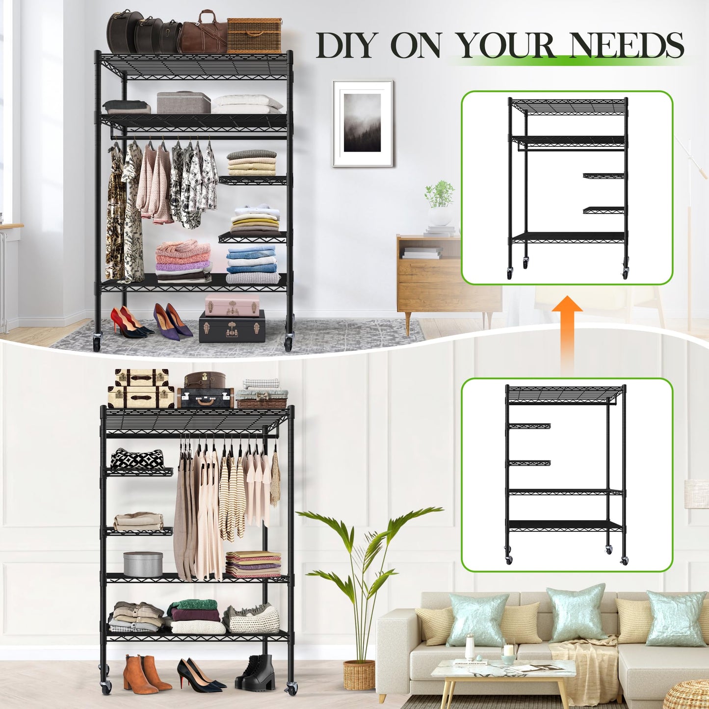 JS HOME Heavy Duty Garment Rack, Free-Standing Rolling Clothes Rack with Fitted Grey Oxford Cover, Extra Large Wardrobe Storage Rack/Organizer