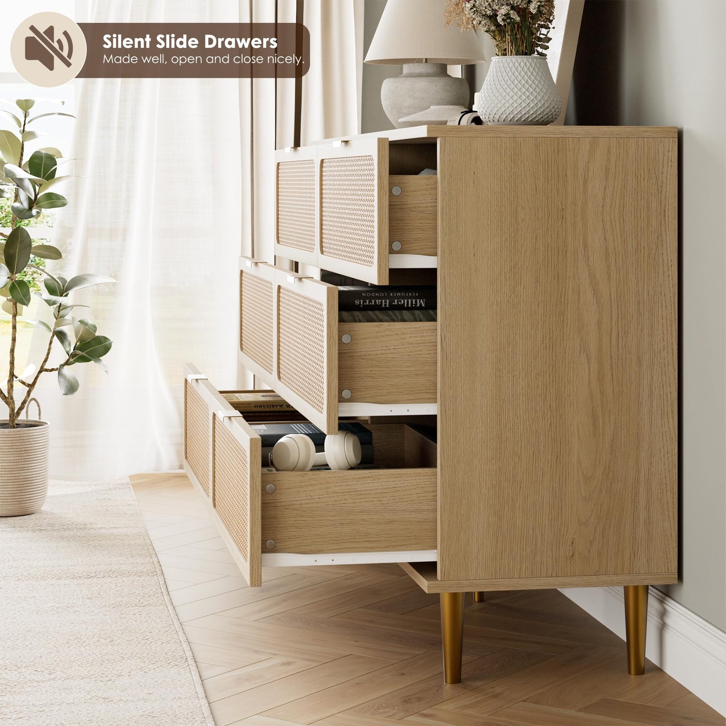 Rattan 6 Drawer Dresser for Bedroom, Large Double Dresser with Deep Drawers, Wooden Chest of Drawers for Closet with Wide Top, for Living Room, Hallway, Kids Room, Natural