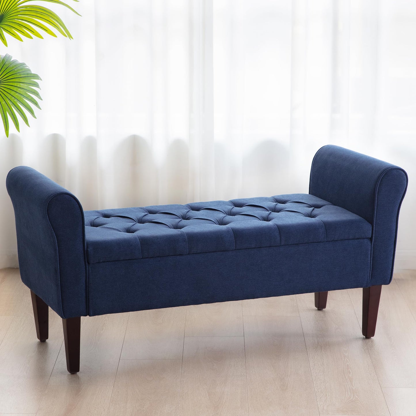 HUIMO 50.4" Arm Storage Bench with 7.5-inch Solid Wood Legs, Button-Tufted Storage Ottoman, Upholstered Window Sitting Bench for Bedroom,End of Bed Bench Indoor, Living Room, Entryway (Blue)