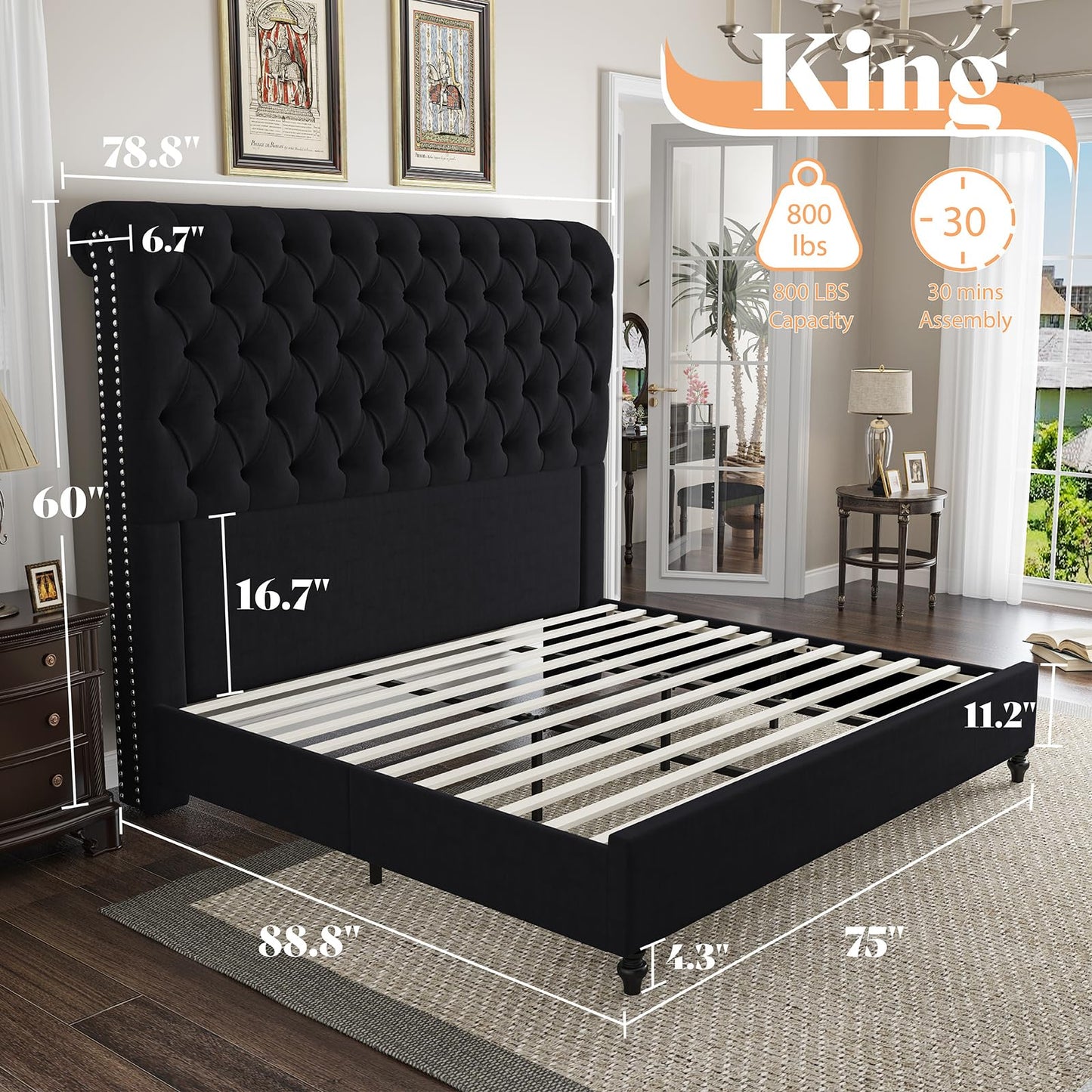 AMERLIFE King Size Bed Frame with 60" Tall Wingback Headboard, Velvet Upholstered Platform, Button Tufted Sleigh Design, No Box Spring Needed,Black