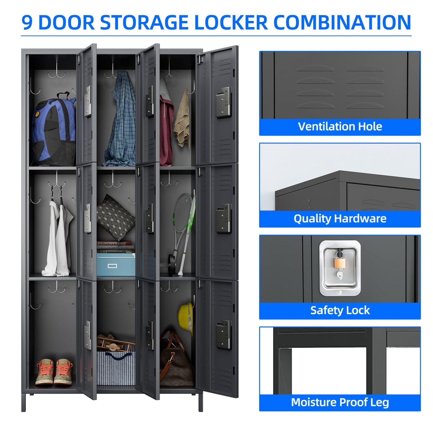 Reemoon 9 Doors Metal Storage Locker, Steel Storage Cabinet for Employees, Industrial Office Locker for School Gym Bedroom, Assembly Required,Dark Grey