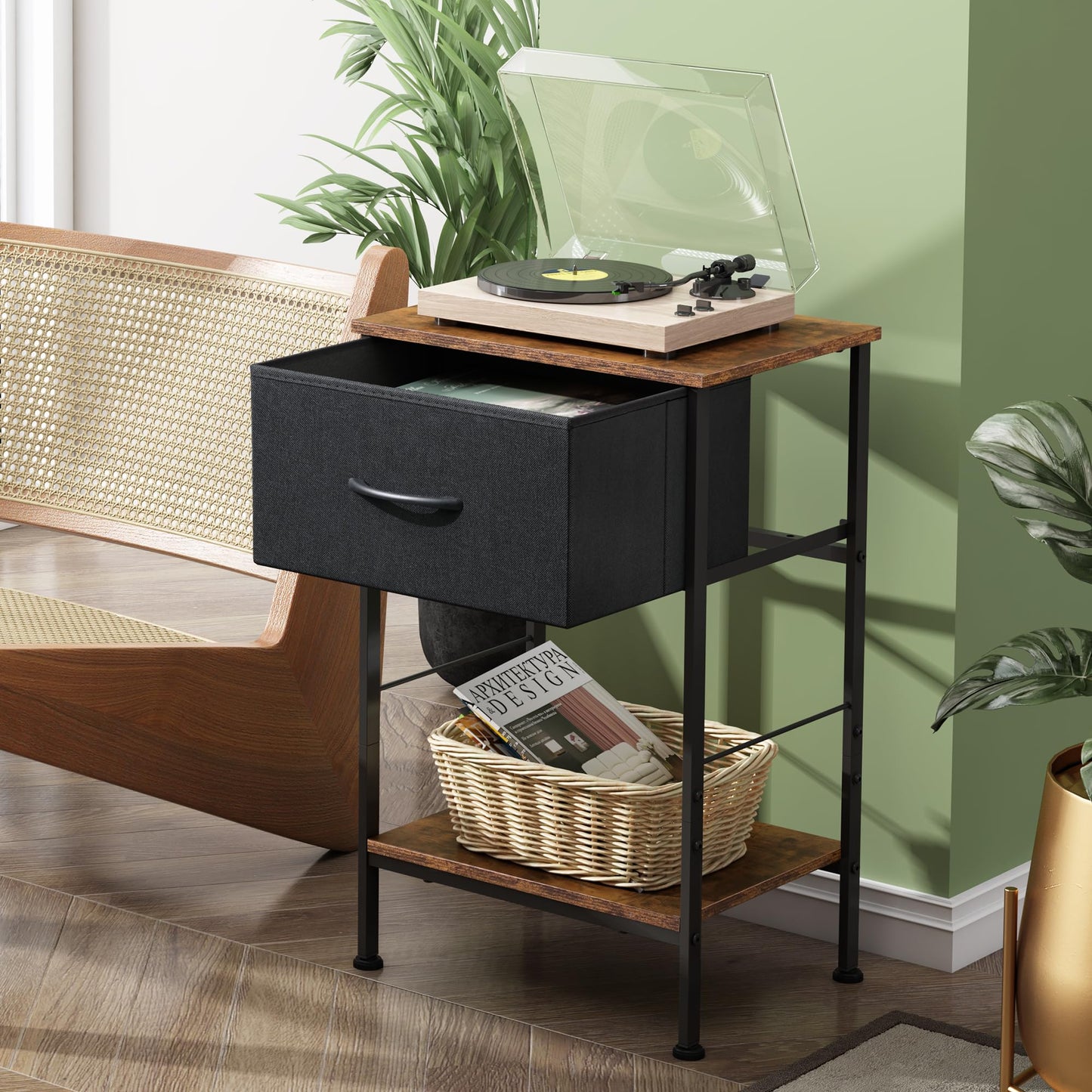 WLIVE Nightstand, End Table with Fabric Storage Drawer and Open Wood Shelf, Bedside Furniture with Steel Frame, Side Table for Bedroom, Dorm, Easy Assembly, Black and Rustic Brown, 25.0" Height