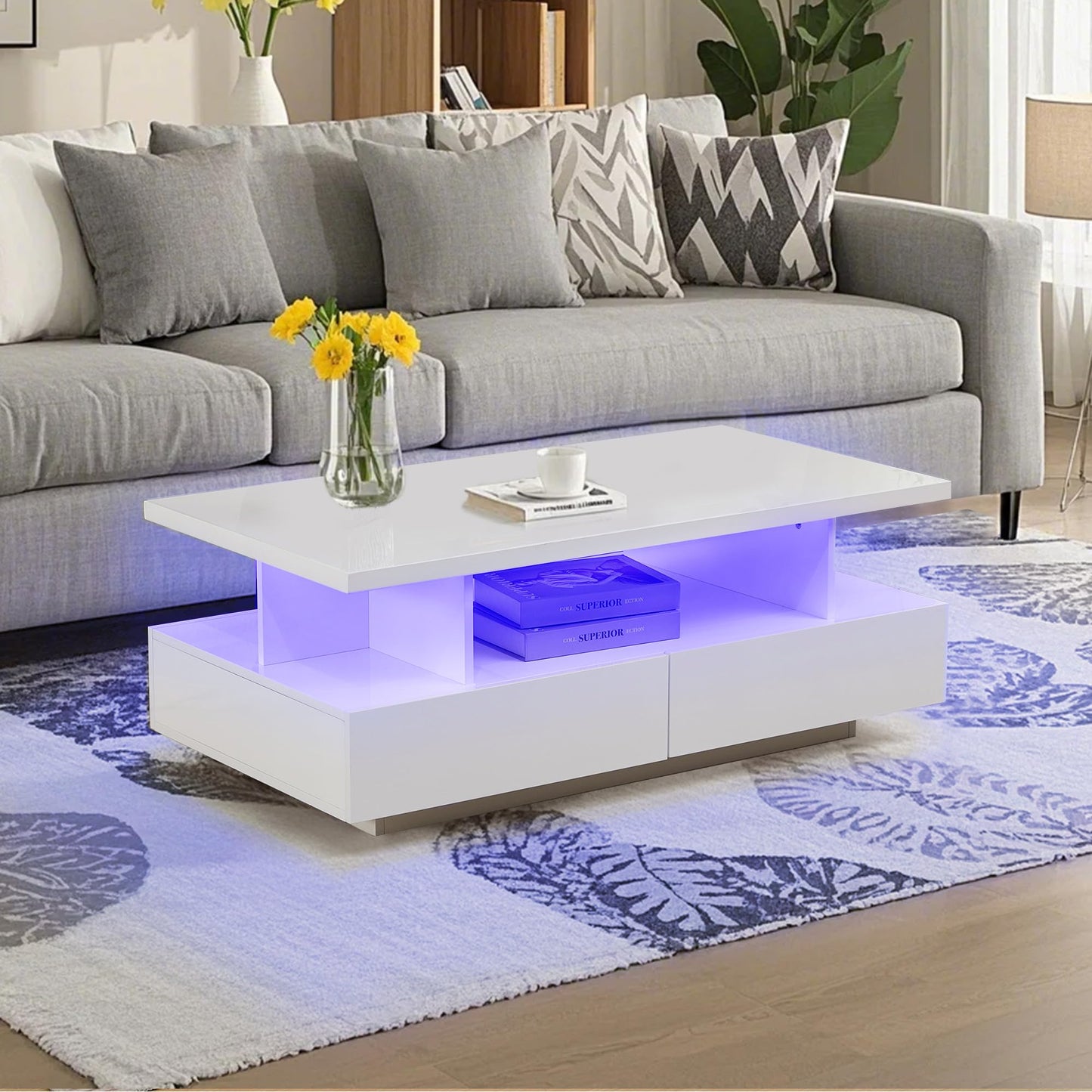 UYIHOME LED Coffee Table with Storage Modern High Gloss Coffee Table with 4 Drawers and Open Shelf Center Table for Living Room, White
