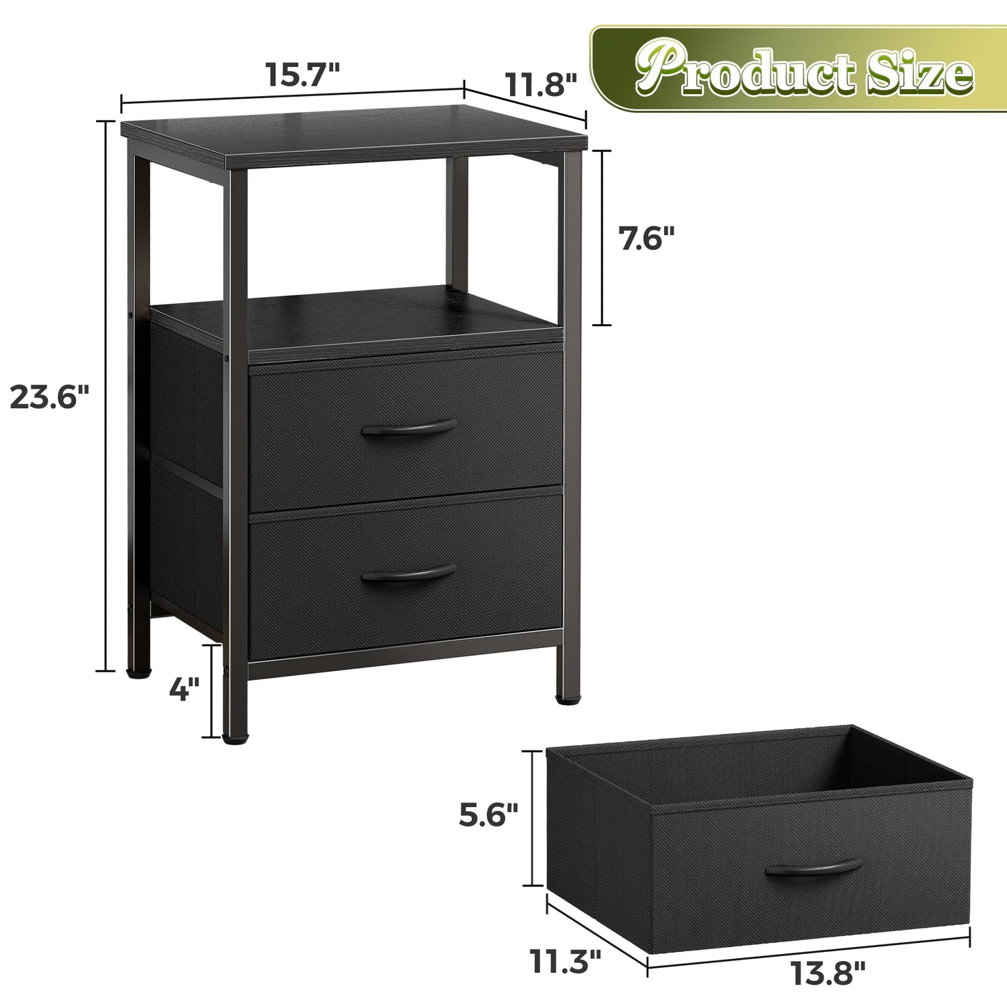 Huuger Night Stand Set of 2, Nightstand with 2 Drawers, Bed Side Table with Open Shelf, Wooden Top, End Table, Fabric Drawer, for Bedroom, Black