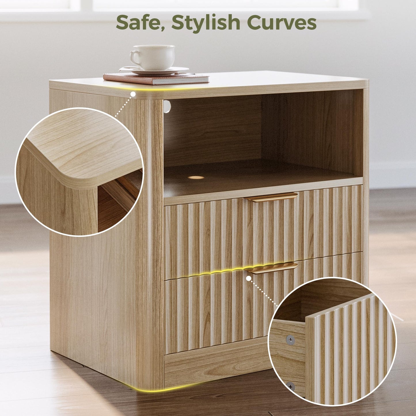 IRONCK Fluted Night Stand Set of 2, Modern Nightstand with Charging Station, Drawers and Open Shelves - Bedside Table Wood Side Table Set for Bedroom