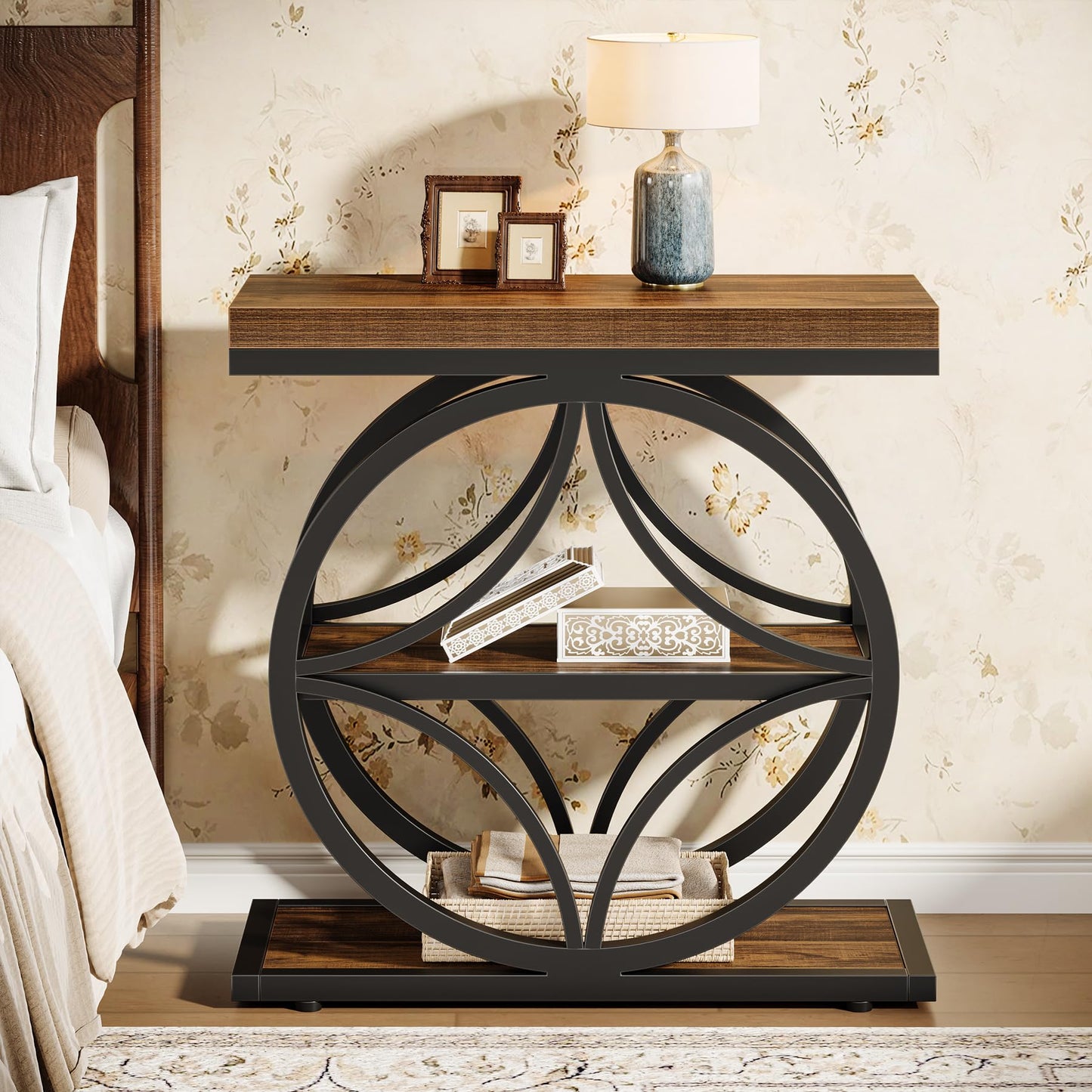 Tribesigns Side Table for Living Room, Narrow Small End Table with 3-Tier Storage, Wooden Industrial Bedside Nightstand with Metal Frame, Rustic Brown