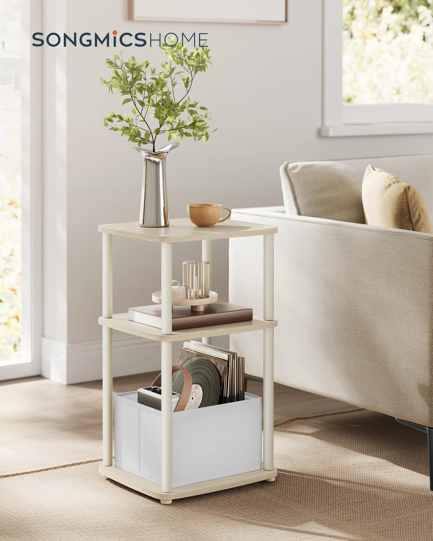 SONGMICS HOME Side Table, 3-Tier Nightstand with Storage, End Table with Fabric Basket, for Bedroom, Living Room, Steel Frame, Superfast Toolless Assembly, Modern, Natural Beige ULET286N01