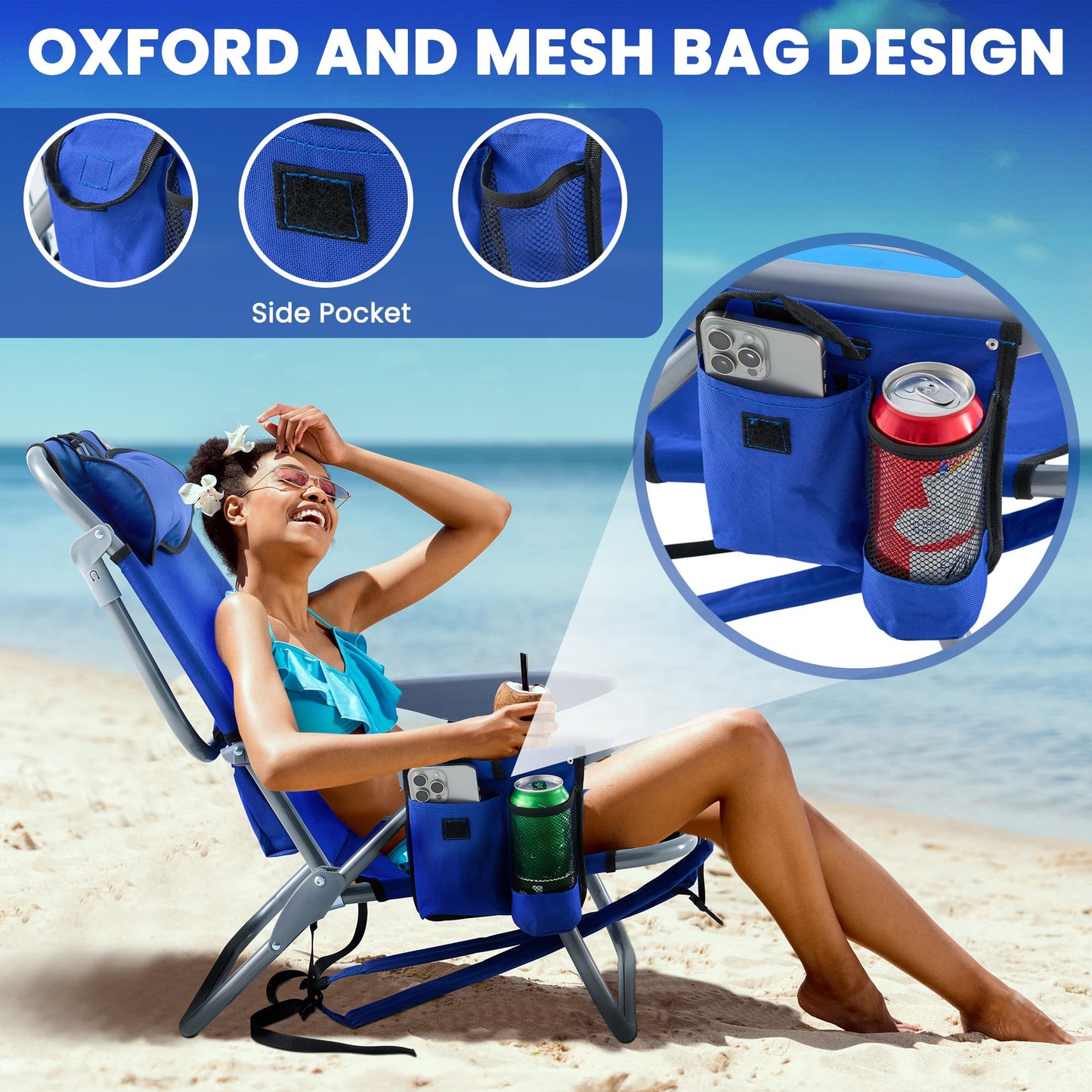 Geisoun Beach Chair with 5 Adjustable Positions, Lightweight Foldable Camping Chair with Pillow, Reclining Chair for 350 LBS Adult, with Shoulder Straps, Storage Bag, Cup Holder, Towel Bar