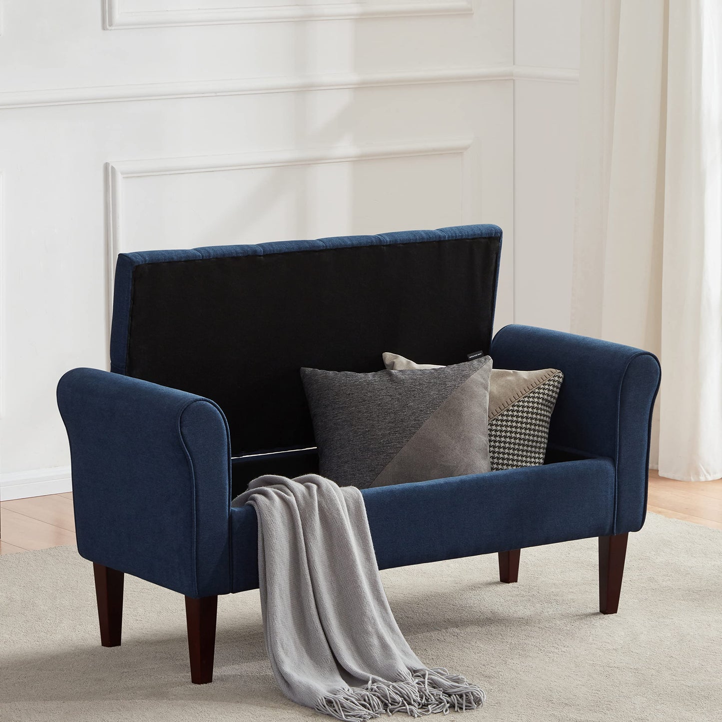 HUIMO 48" Arm Storage Ottoman with 7.5-inch Solid Wood Legs, Storage Bench, Upholstered Window Sitting Bench for Bedroom,End of Bed Bench Indoor, Livingroom, Entryway (Dark Blue)