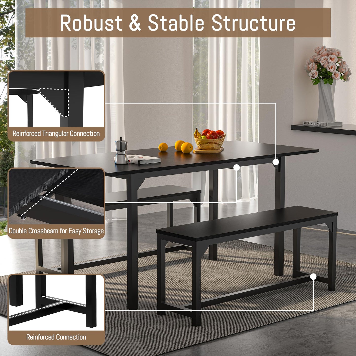 TOLEAD 63 Inch Dining Table Set for 4-8, 3-Piece Extendable Kitchen Table Set with 2 Benches, Metal Frame & Wood Board, Space-Saving Breakfast Dining Room Table Set for Home Kitchen, Black