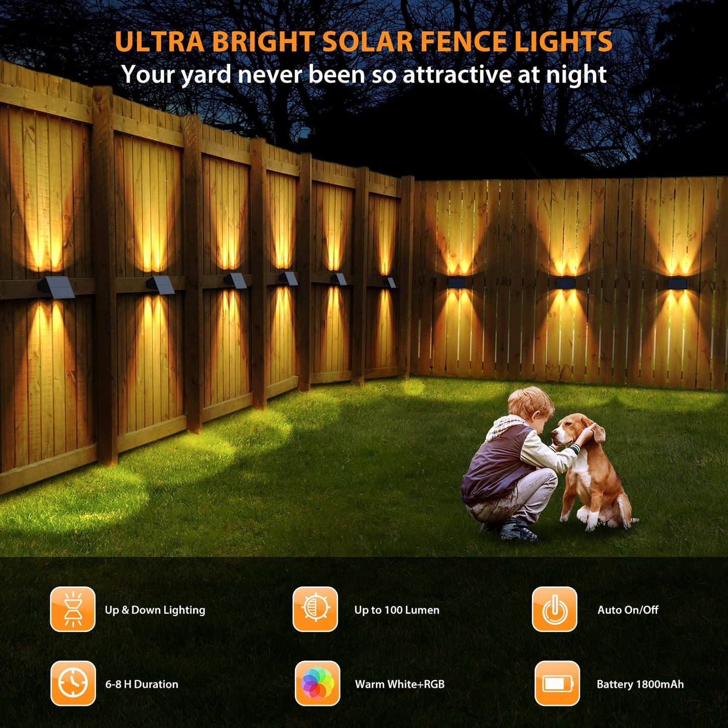 Solar Fence Lights,6Pack Solar Lights Outdoor Warm White + RGB Up & Down Waterproof 100 Lumens Dusk to Dawn Large Solar Wall Lights for Backyard/Pool/Railing/Patio/Porch/Step/Wall