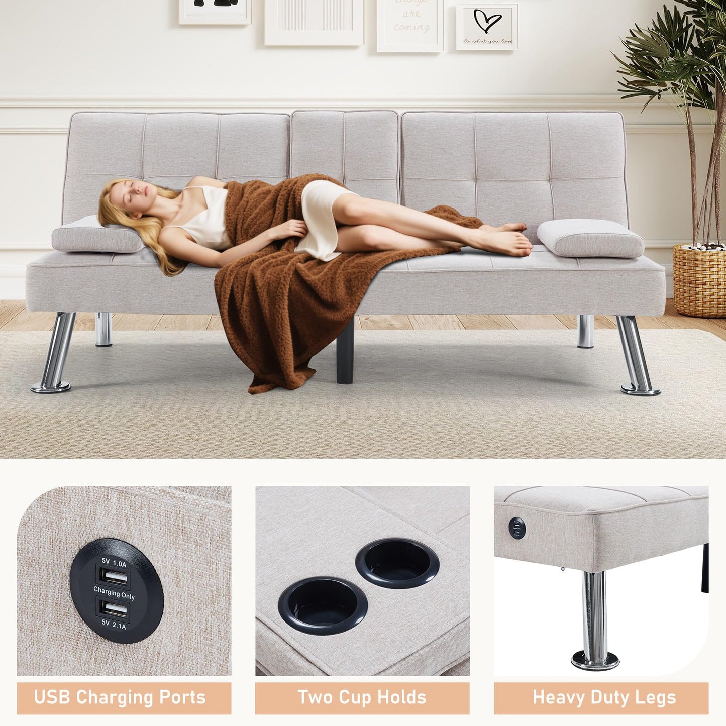 HAOMARKETS Convertible Futon Sofa Bed with USB Charging Port, Modern Linen Loveseat with Removable Armrests and 2 Cup Holders, Adjustable Folding Sleeper Couch for Small Spaces, Living Room, White