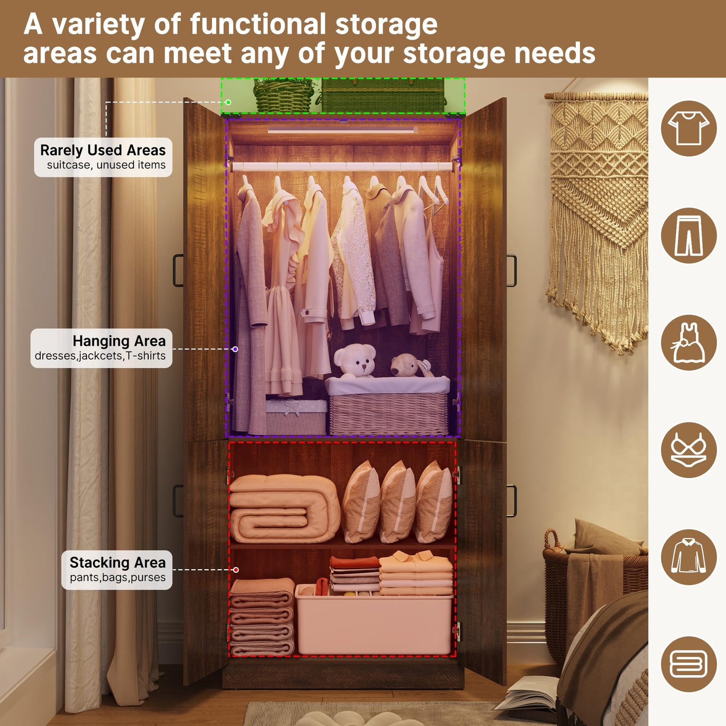 Hlivelood 75" Tall Farmhouse 2 Doors Armoire Wardrobe Closet with LED,Freestanding Closet Wardrobe Cabinet for Bedroom with Hanging Rod,Wooden Armoire Storage Cabinet with Adjustable Shelves(Brown)