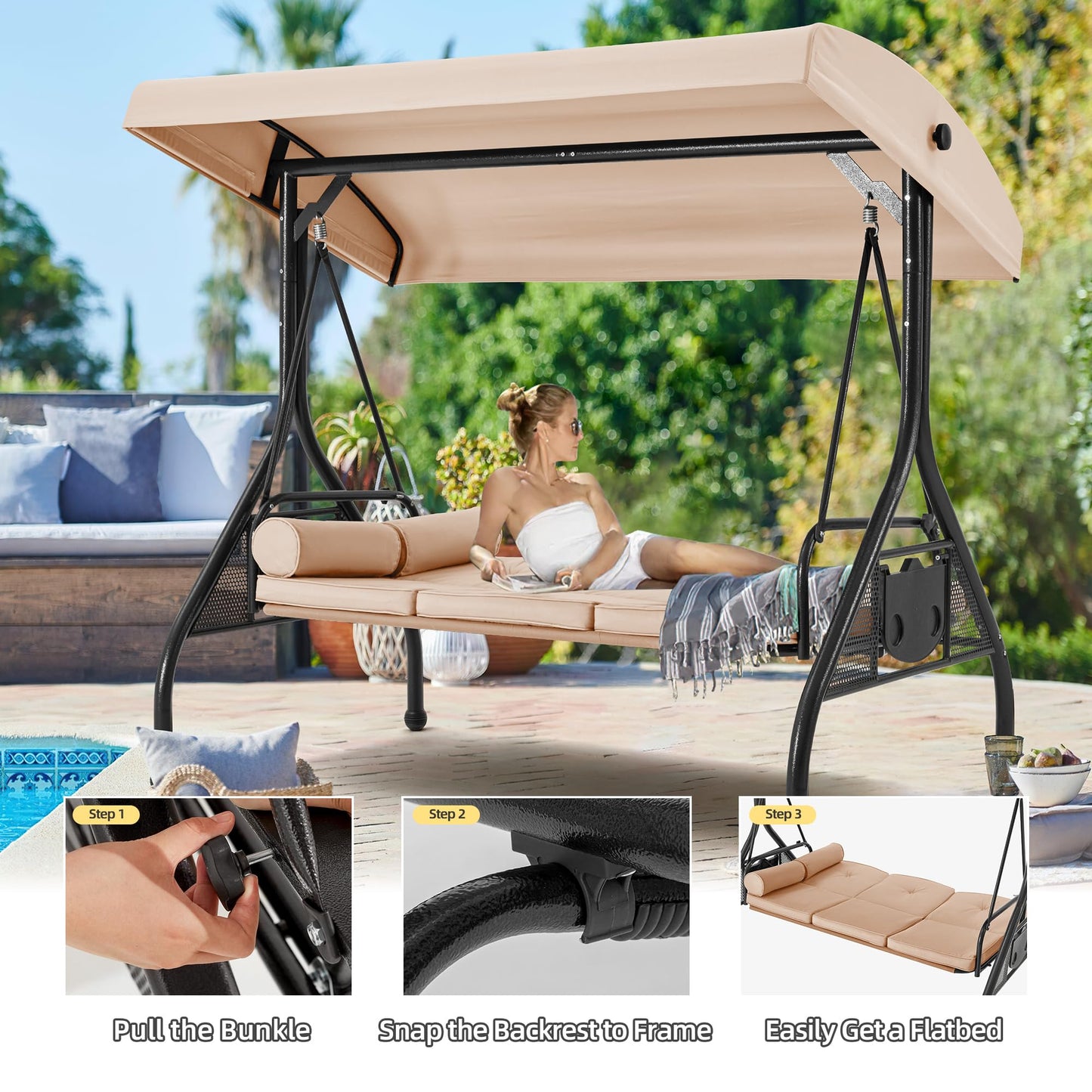HOMREST 3 Seat Outdoor Porch Swing with Adjustable Canopy, Convertible Patio Swing Bed with Stand, Patio Glider Swing with Upgraded Cup Holder, Thicken Cushions ＆ Pillow for Backyard(Khaki)
