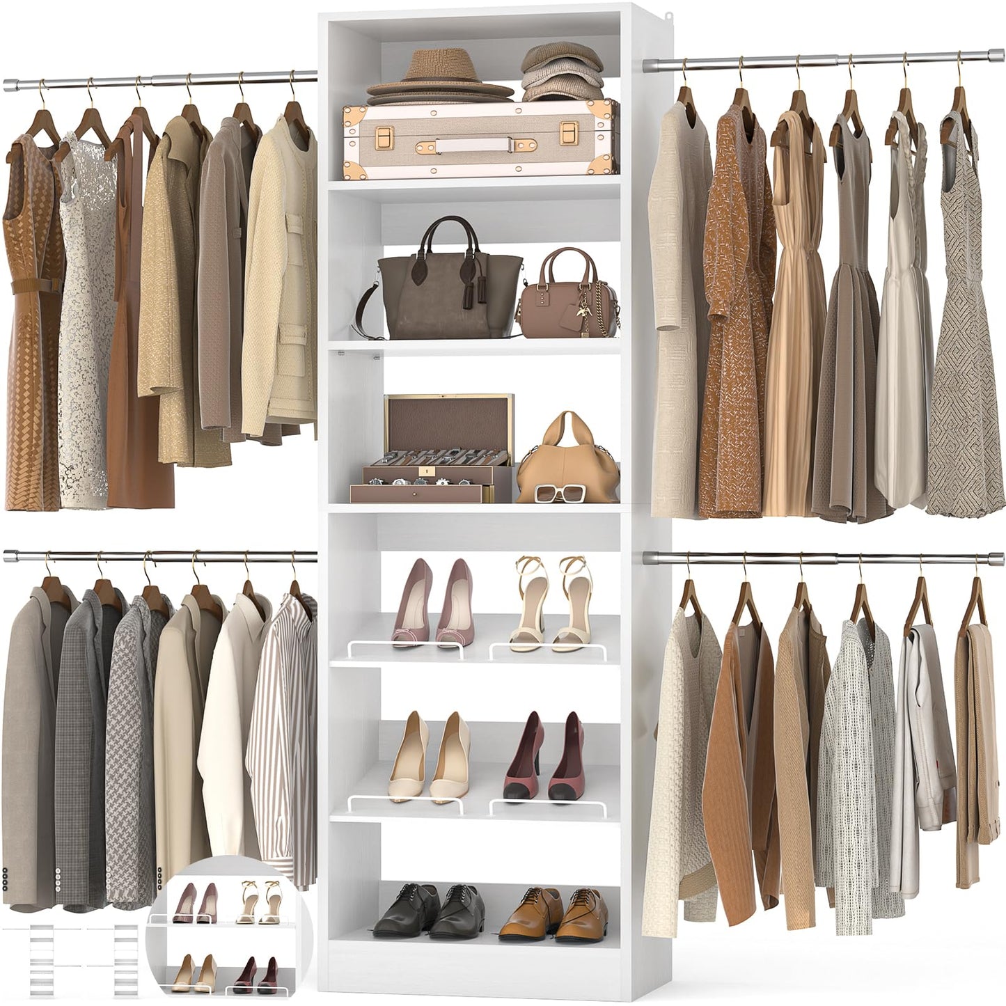 Unikito Closet System, 4-8Ft Wood Closet Organizer Starter Kit with Tower and 4 Extendable Hanging Rods, Walk-in Closet Organizer Wardrobe Clothes Rack with Adjustable Shelves, Garment Rack, White