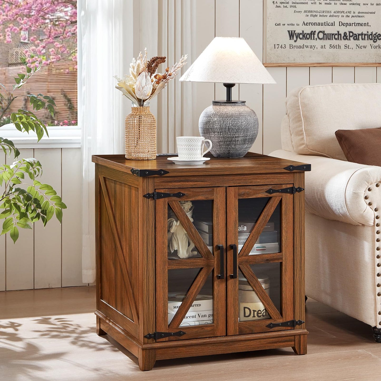 Joaxswe Farmhouse End Table with Charging Station Set 2, 24" Large Sofa Side Table with Glass Barn Door, Nightstand with Adjustable Storage Shelf,Wood Square Bedside Table for Living Room,Bedroom