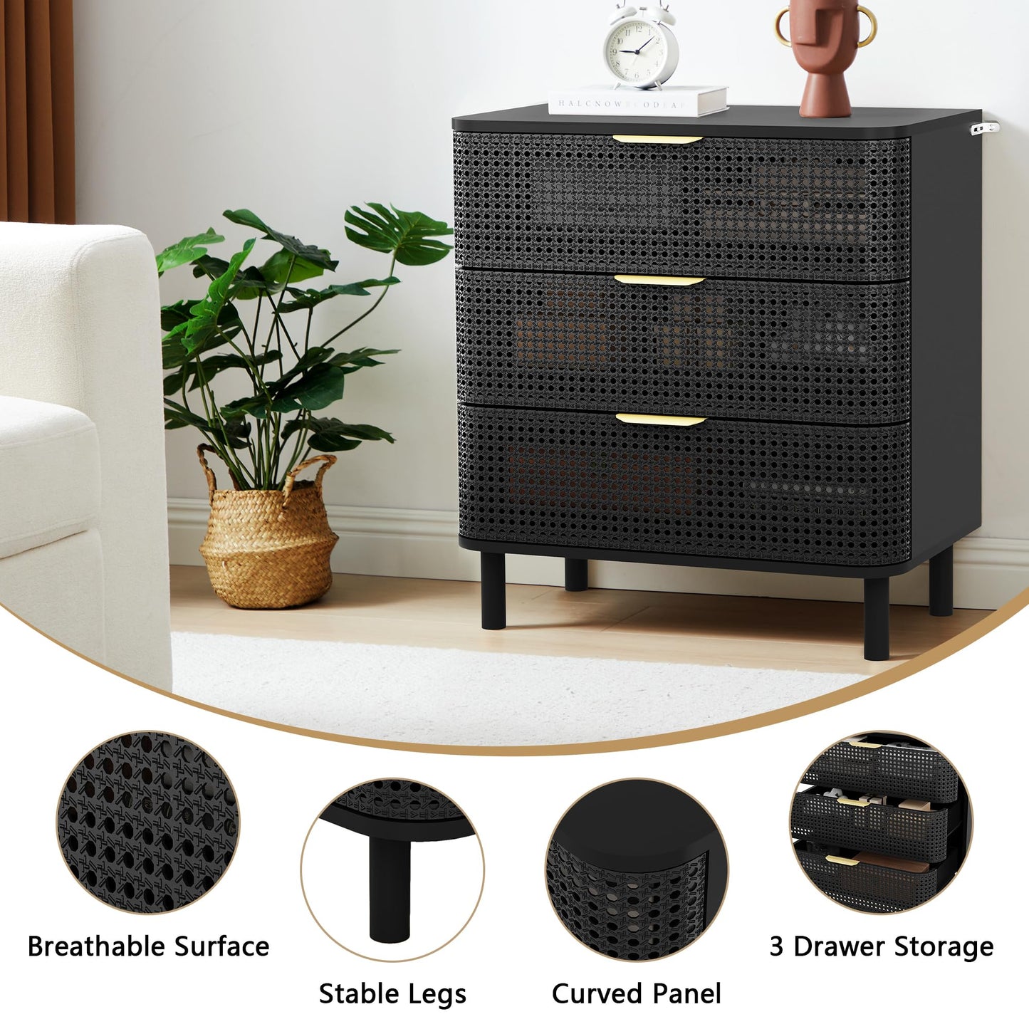 YZRSTY 3 Drawer Dresser for Bedroom, Modern Iron Closet Dressers Chest of Drawers, Boho Rattan Wide Dresser Nightstand with Storage Drawers for Living Room, Dressing Room, Entryway, Hallway
