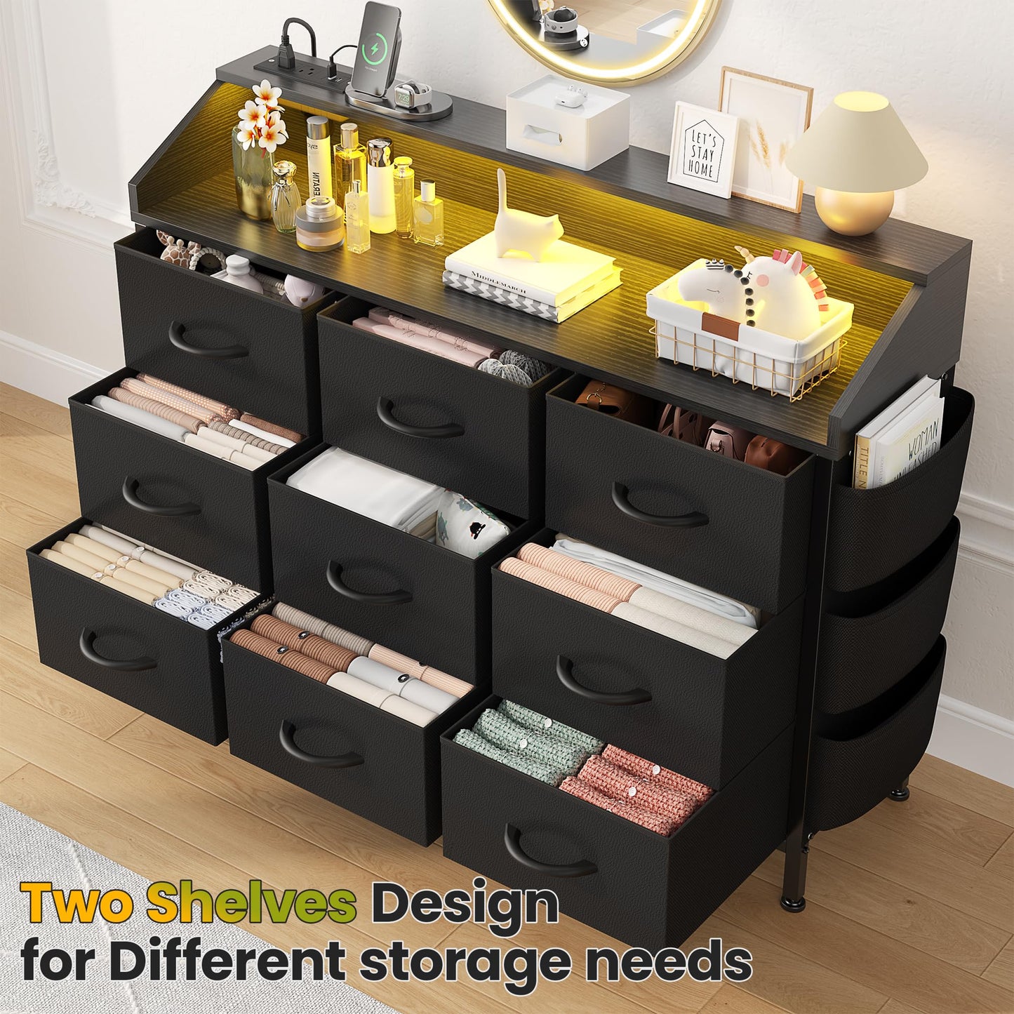 Black TV Stand Dresser for Bedroom 9 Drawers - Fabric Dresser Chest of Drawers for Living Room Hallway Closet (Black PU)