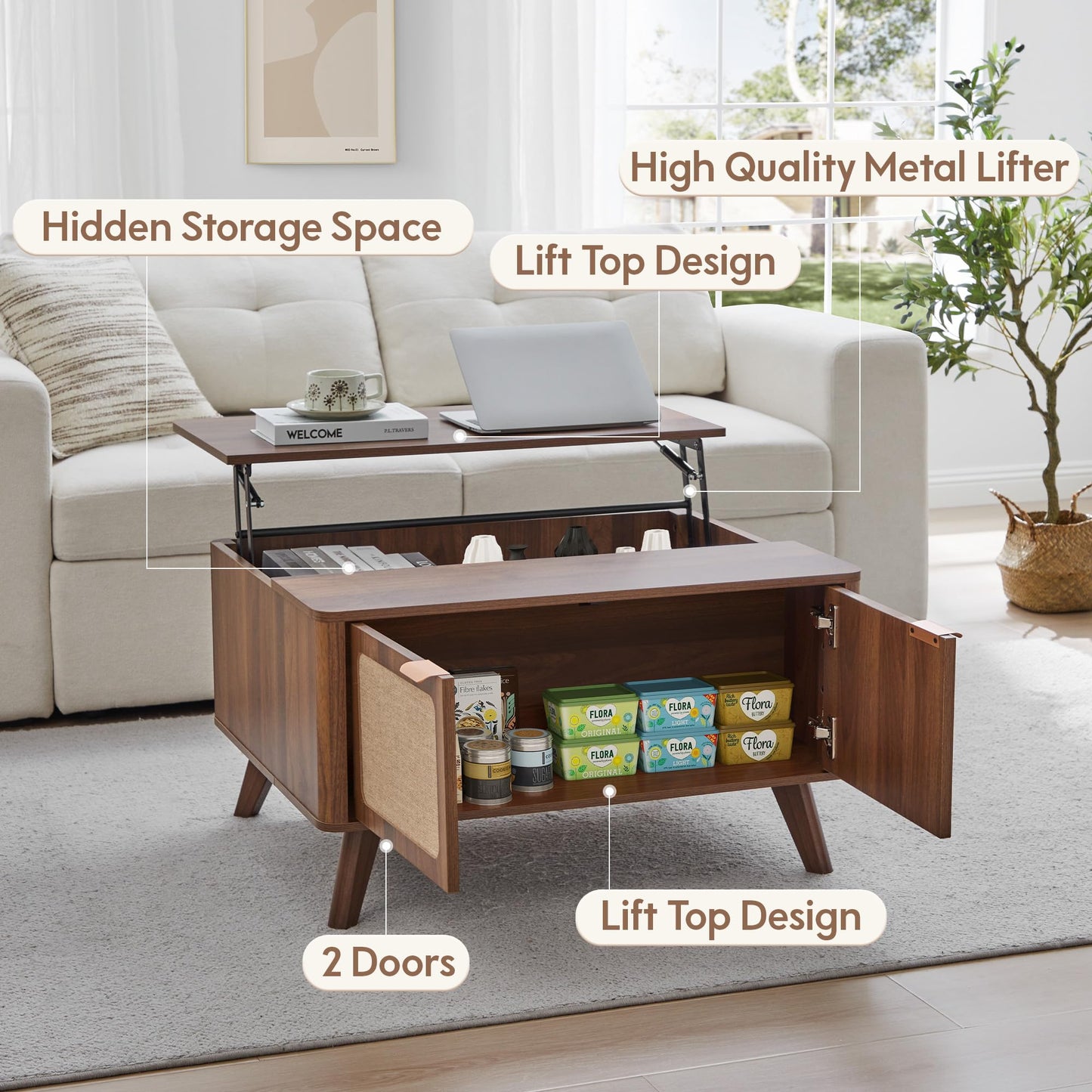 AVZEAR Wood Lift Top Coffee Table with Storage, Mid Century Modern Coffee Table with Nature Linen Doors & Large Hidden Storage, Curved Edge Center Table Farmhouse Coffee Tables for Living Room, Walnut