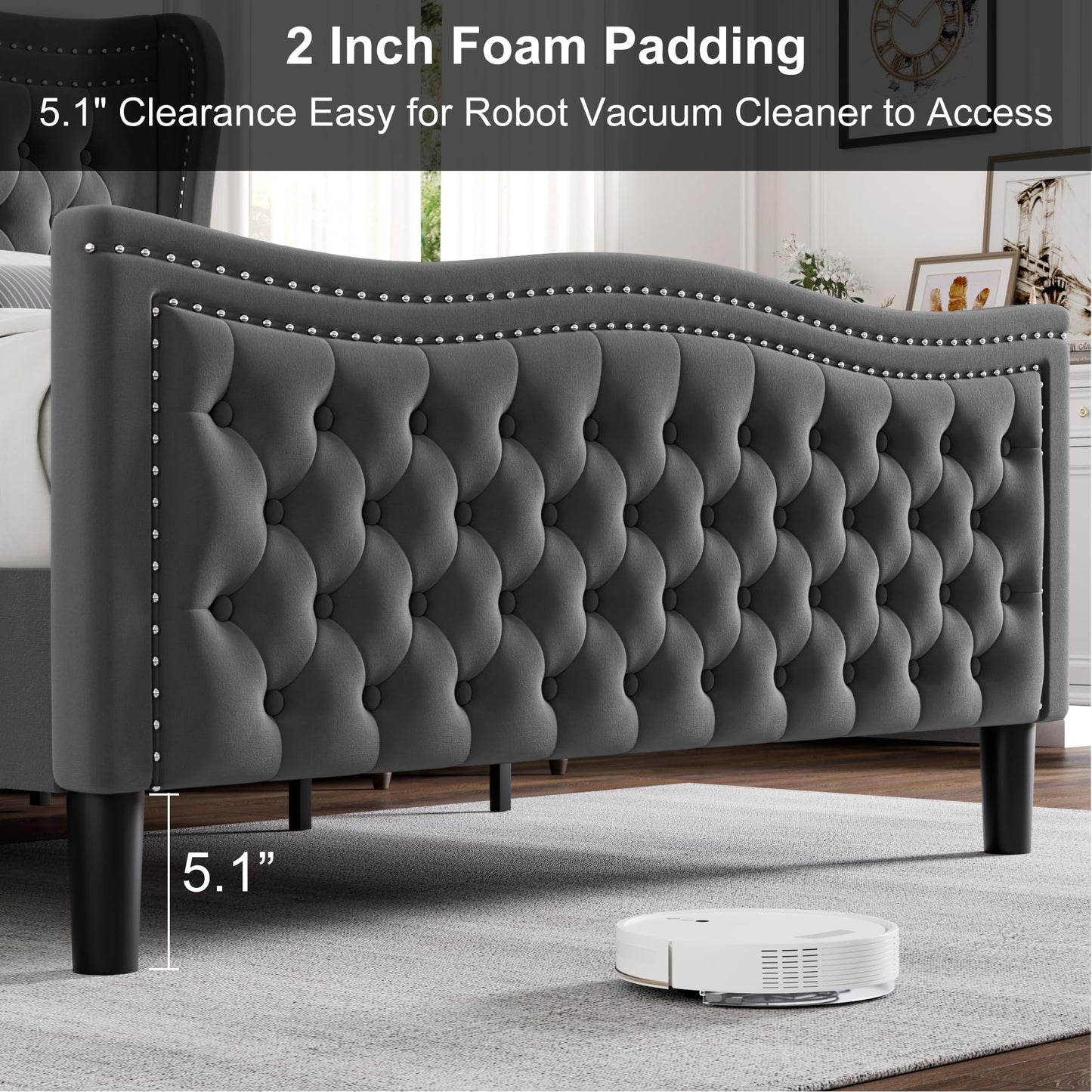VINTLJUS Full Bed Frame with Tall Headboard & Footboard, Velvet Upholstered Platform Bed Frame with Deep Button Tufted Wingback, No Box Spring Needed, Noise Free, Grey