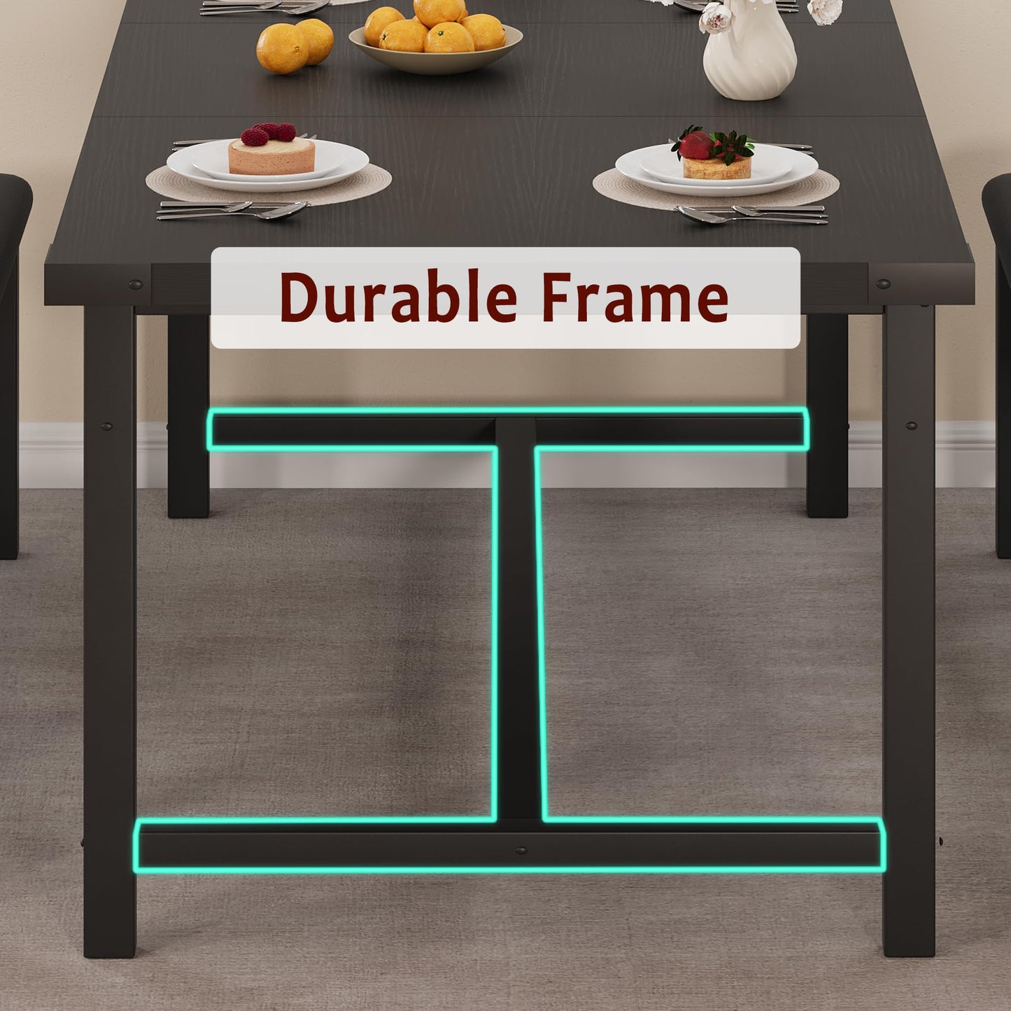 CABIHOME Dining Table Set for 4-6, 63" Extendable Dining Room Table Set With 2 Upholstered Benches, 3 Piece Large Rectangle Kitchen Table Set With Metal Frame for Apartment, Saving Space, Rustic Black