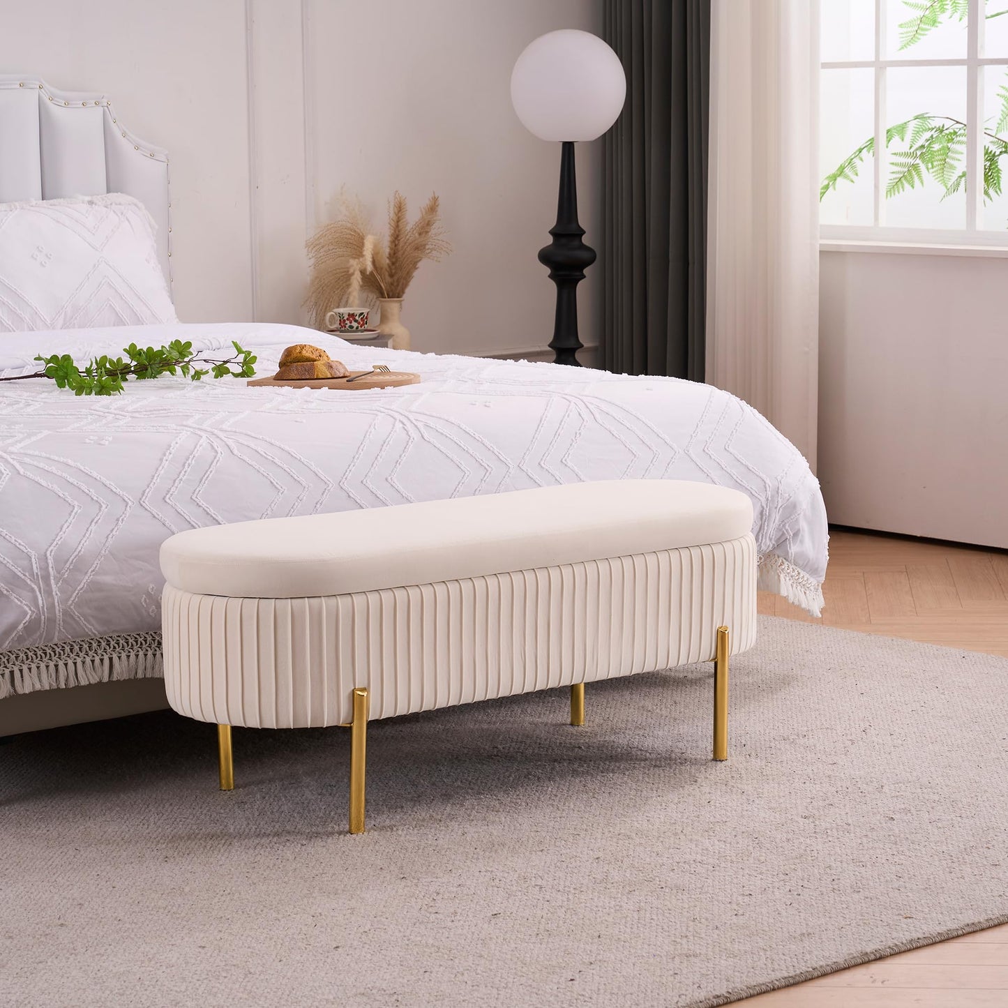AIITTCC Velvet Storage Bench for Bedroom Upholstered End of Bed Bench Modern Ottoman with Gold Legs for Living Room/Window/Entryway (Ivory White, Oval-45.5" W)