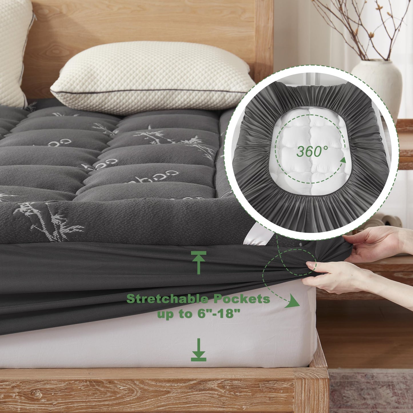 BEDLORE Queen Mattress Topper Viscose Derived from Bamboo, Thick Pillow Top Mattress Pad with Stretchable Pockets for 6-18 inches Mattress, Soft Mattress Topper for Back Pain Relief(Dark Gray)